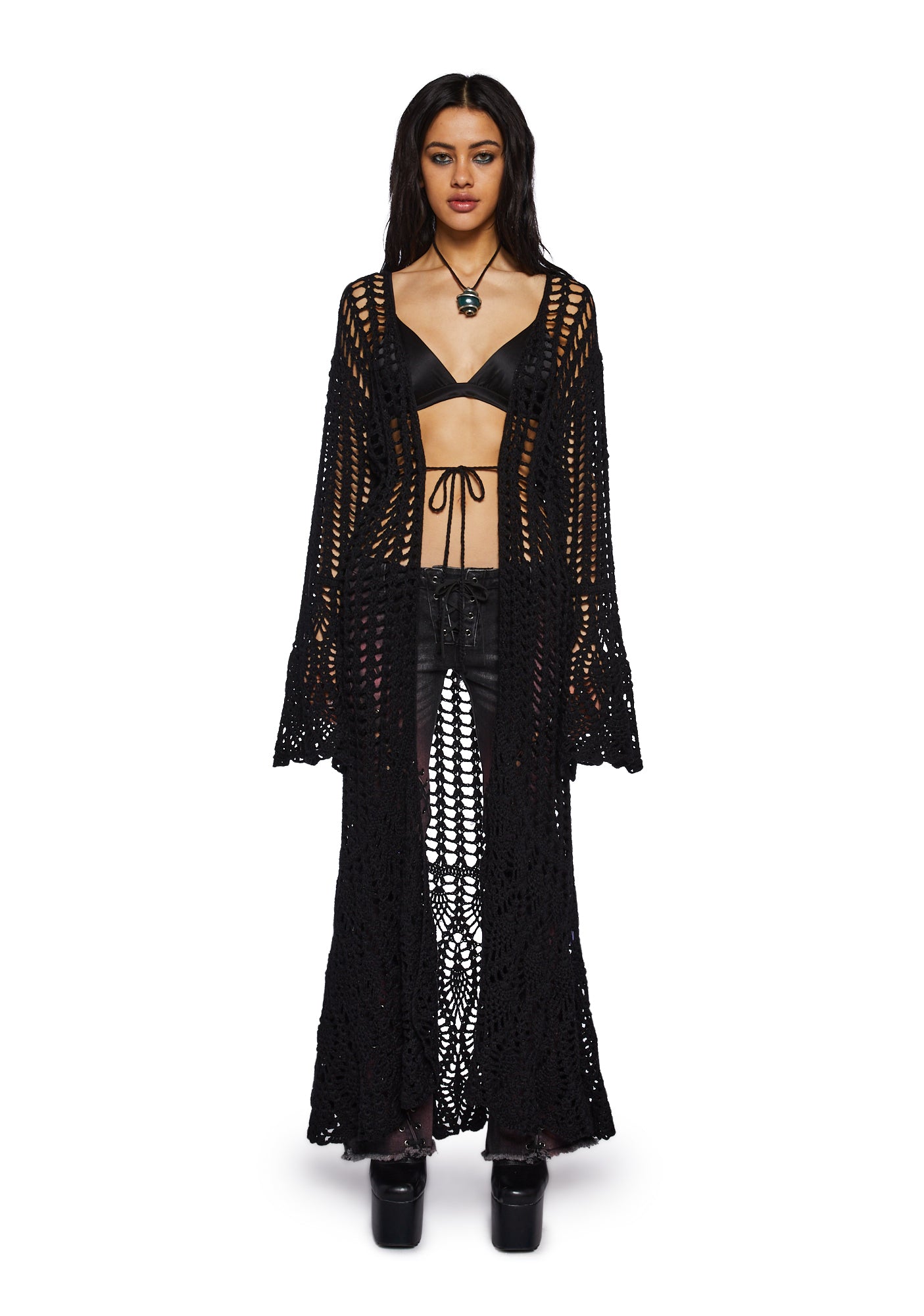 Current Mood Crochet Flare Sleeve Duster- Black – Dolls Kill