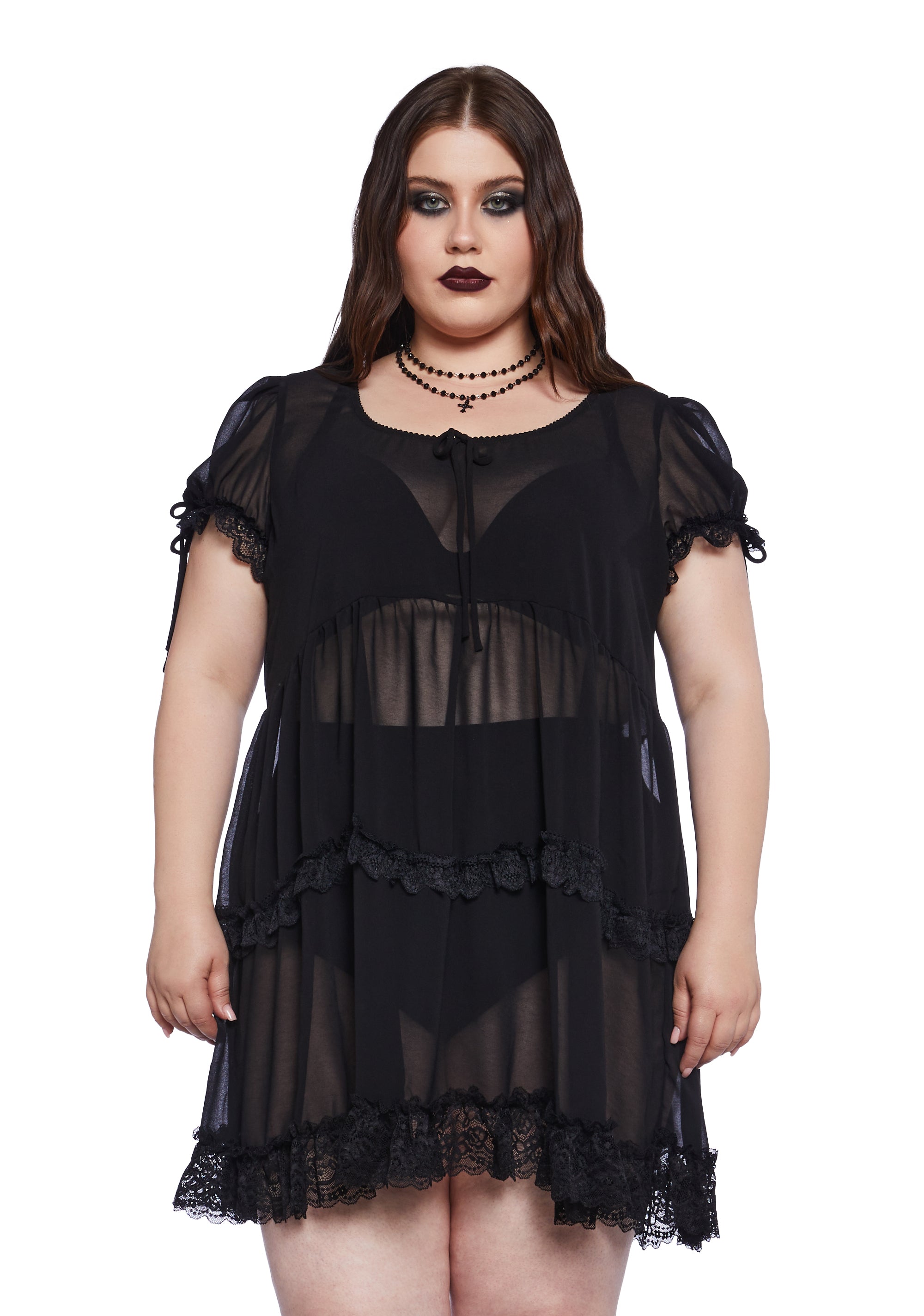 Plus Size Widow Chiffon Lace Baby Doll Dress- Black Dolls Kill Plus Size Widow Chiffon Lace Baby Doll Dress- Black Dolls Kill