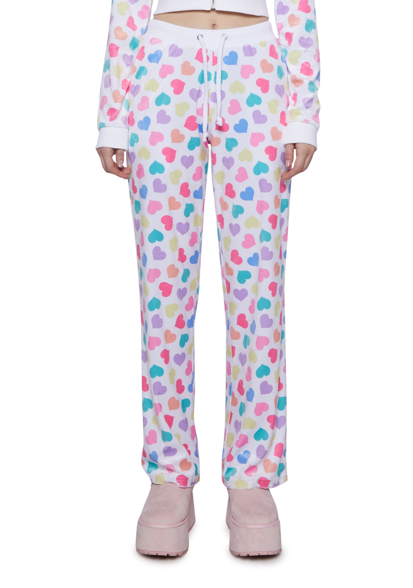 Sugar Thrillz Heart Print Velour Track Pants - Pink/Red
