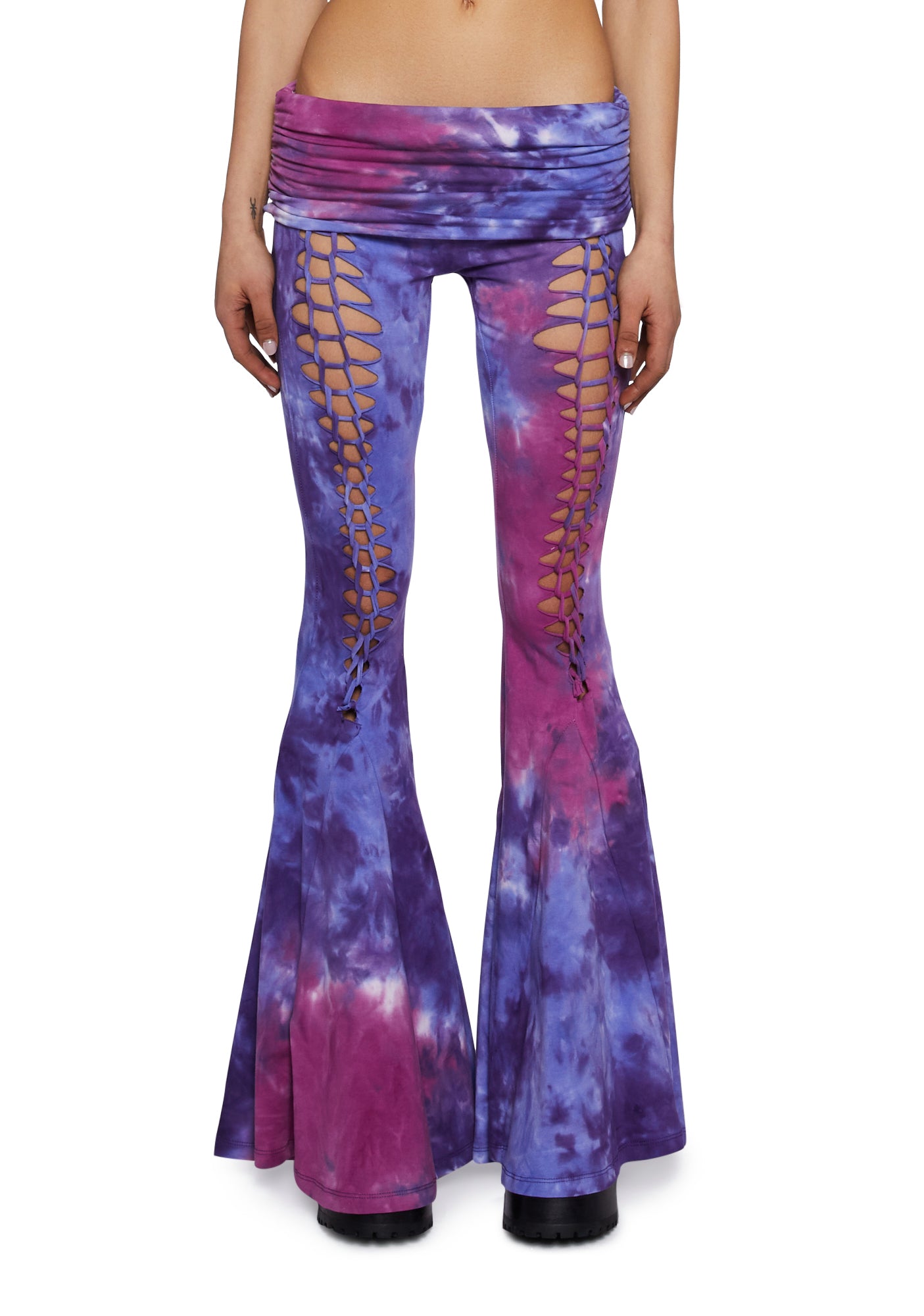 Current Mood Stretchy Lace- Up Flared Yoga Pants - Tie Dye – Dolls Kill