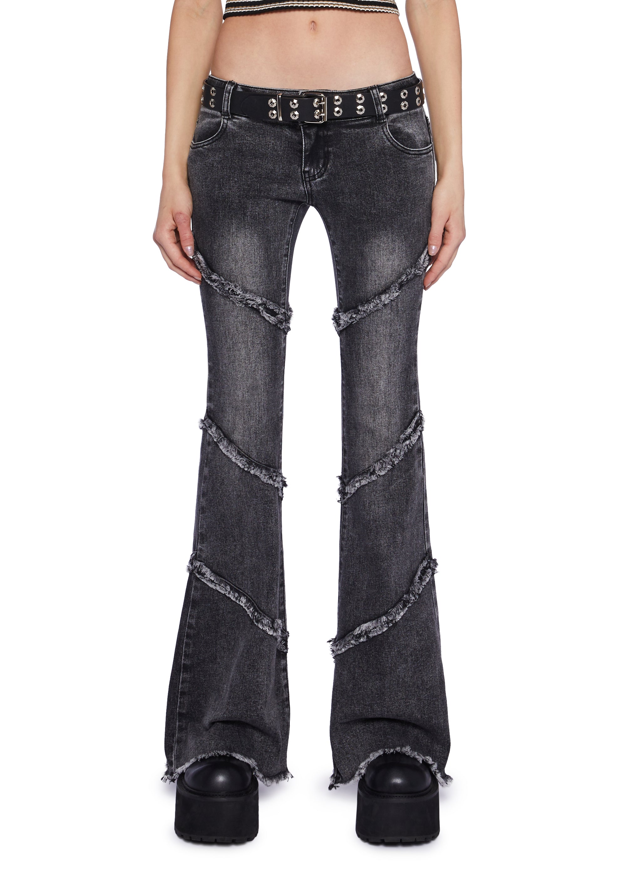 Current Mood Low Rise Washed Flare Denim Pants - Black