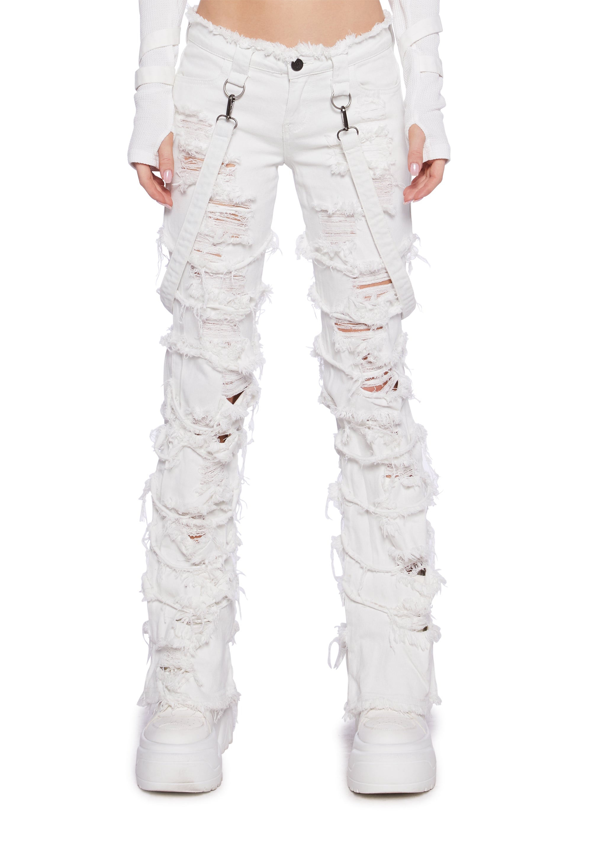 Darker Wavs Distressed Jeans With Straps White Dolls Kill