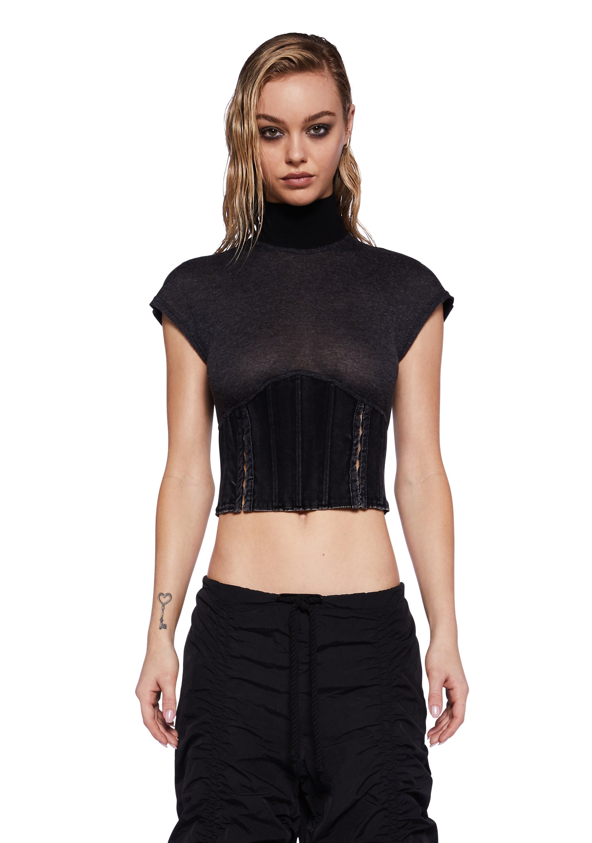 Darker Wavs Mock Neck Tee With Denim Corset - Black – Dolls Kill