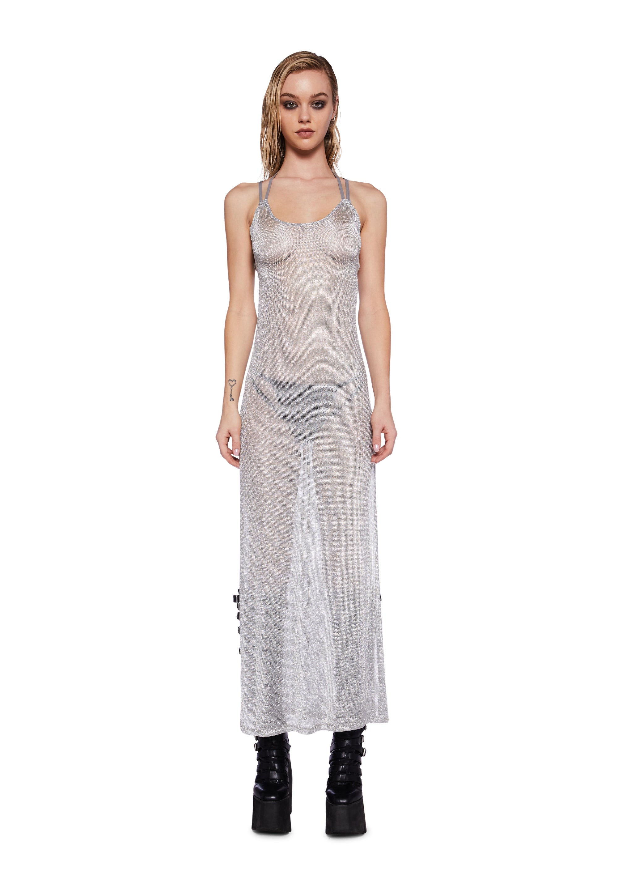 knee length dresses for ladies Night Owl Maxi in Metallic Sheer Dress