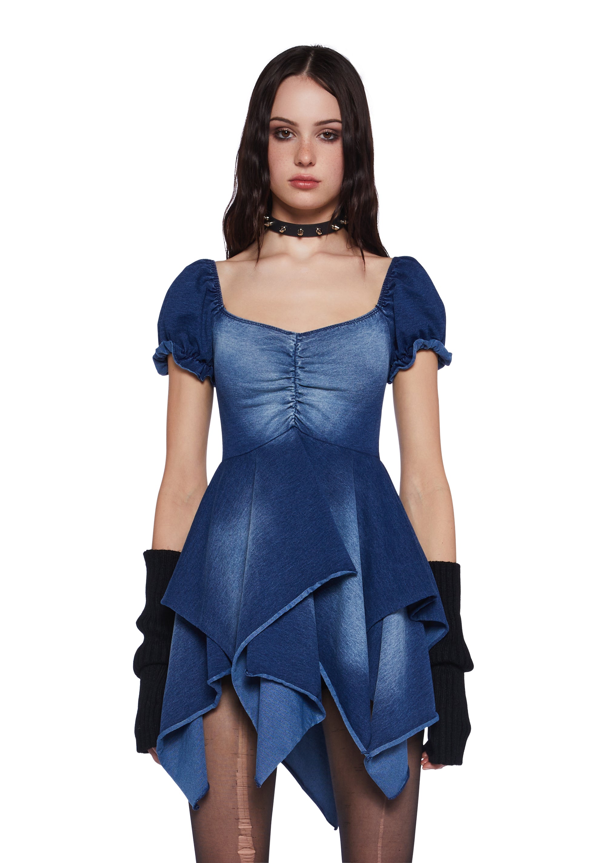 Current Mood Denim Handkerchief Puff Sleeve Mini Dress - Blue Current Mood Denim Handkerchief Puff Sleeve Mini Dress - Blue