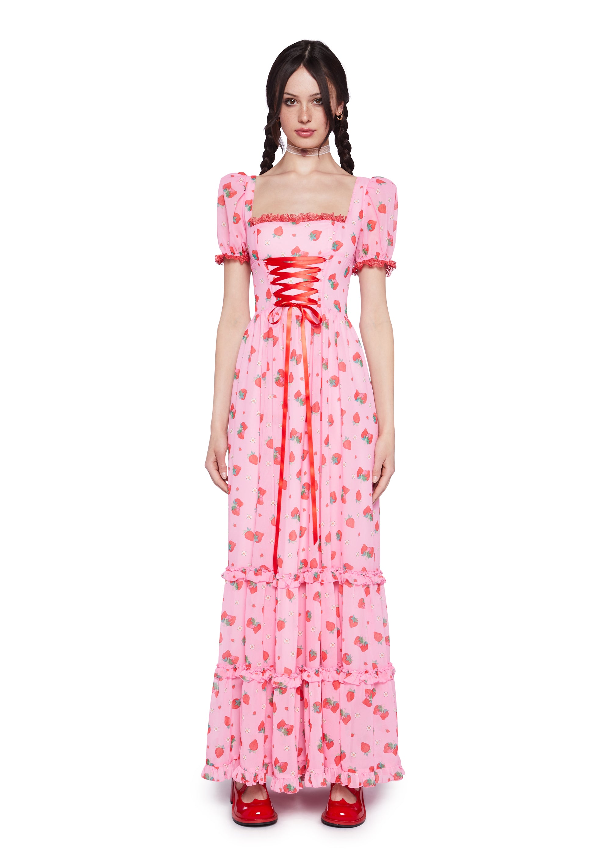 Dolls Kill x Strawberry Shortcake Strawberry Floral Print Maxi Dress With Shirred Back And Ribbon Ties - Pink Dolls Kill x Strawberry Shortcake Strawberry Floral Print Maxi Dress With Shirred Back And Ribbon Ties - Pink