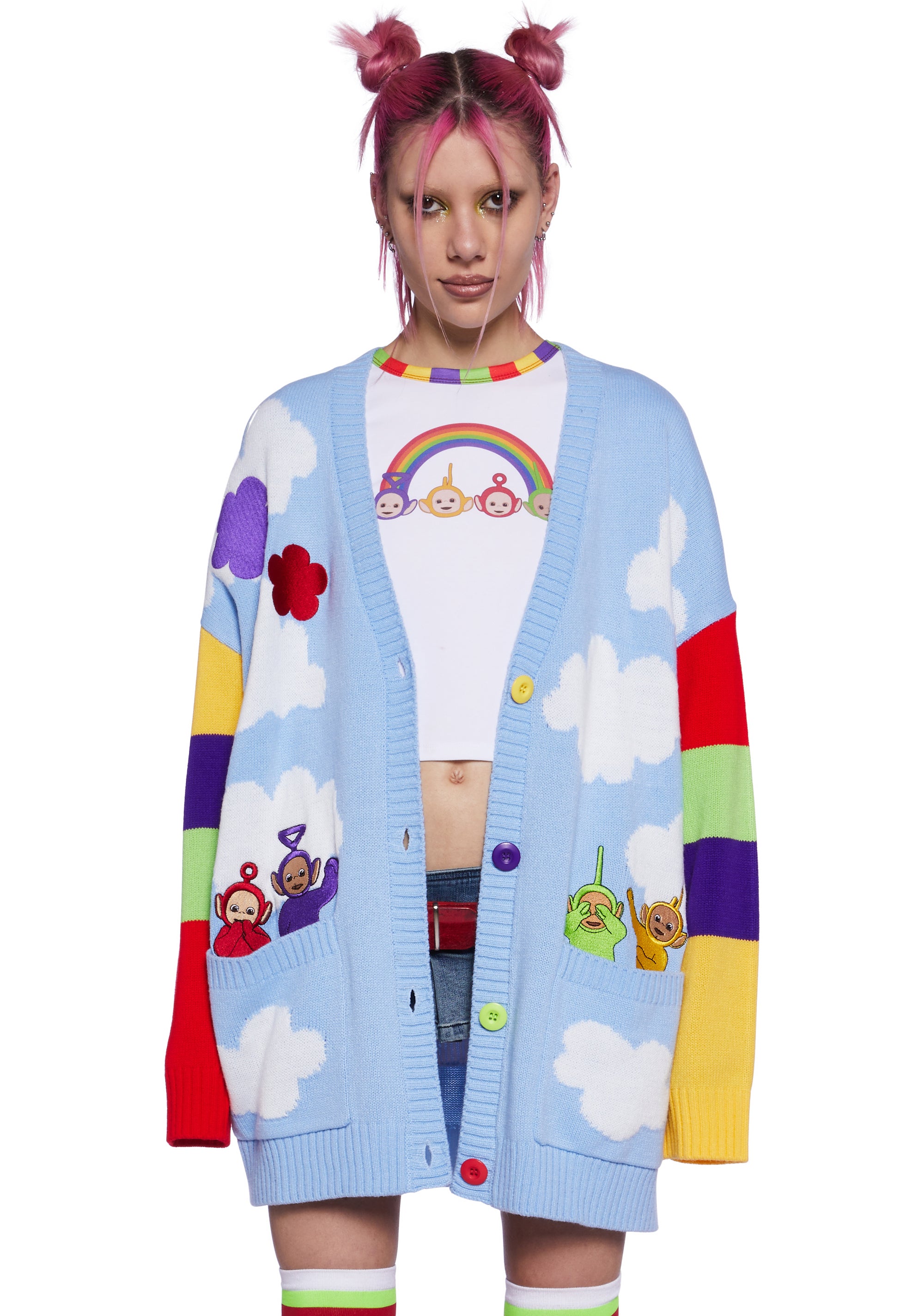 Dolls Kill x Teletubbies Tinky Winky Po La La Dipsy Embroidered Cardigan Multi