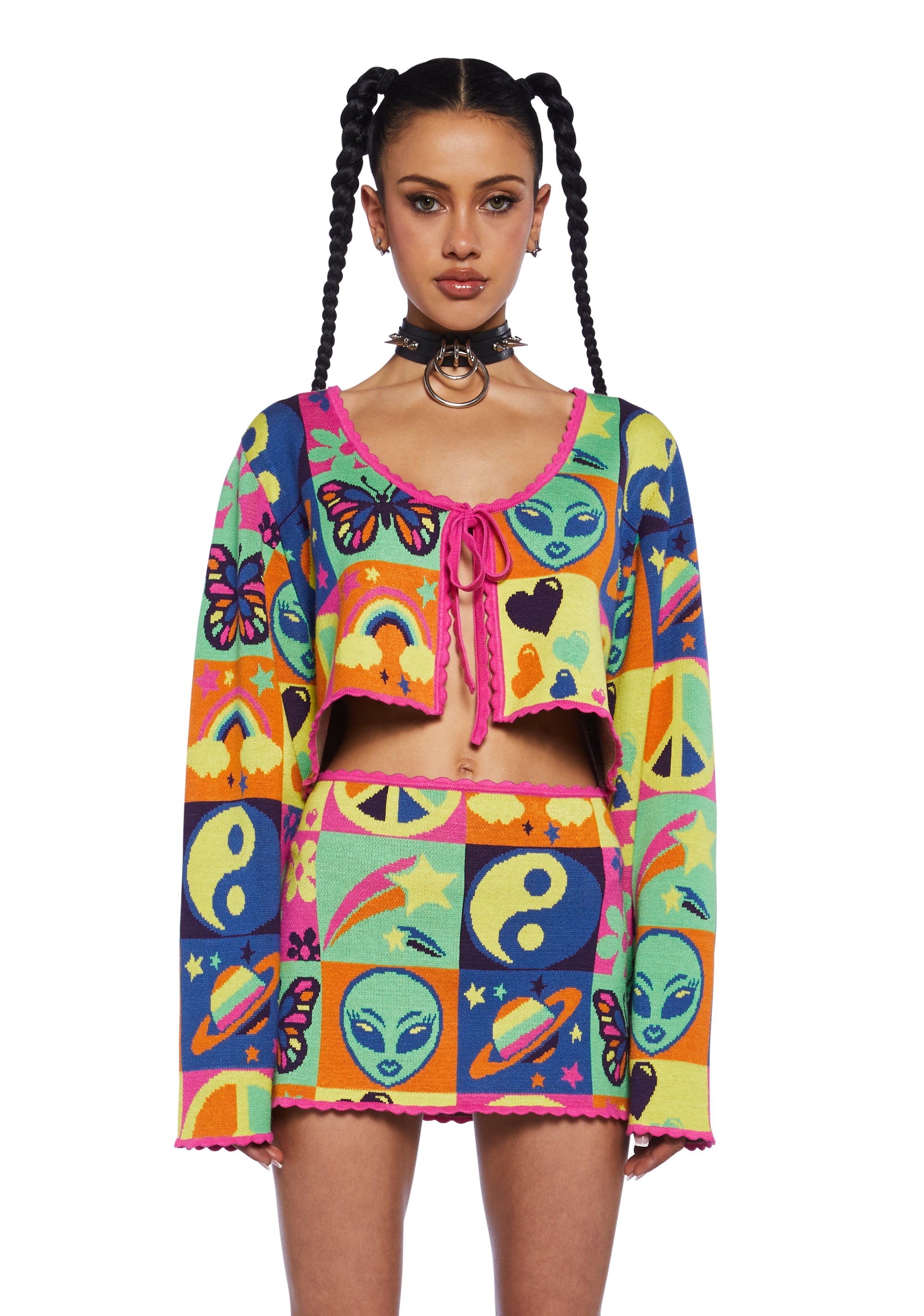Club Exx Lisa Frank 90s Colorblock Graphic Square Knit Cardigan Multi Dolls Kill