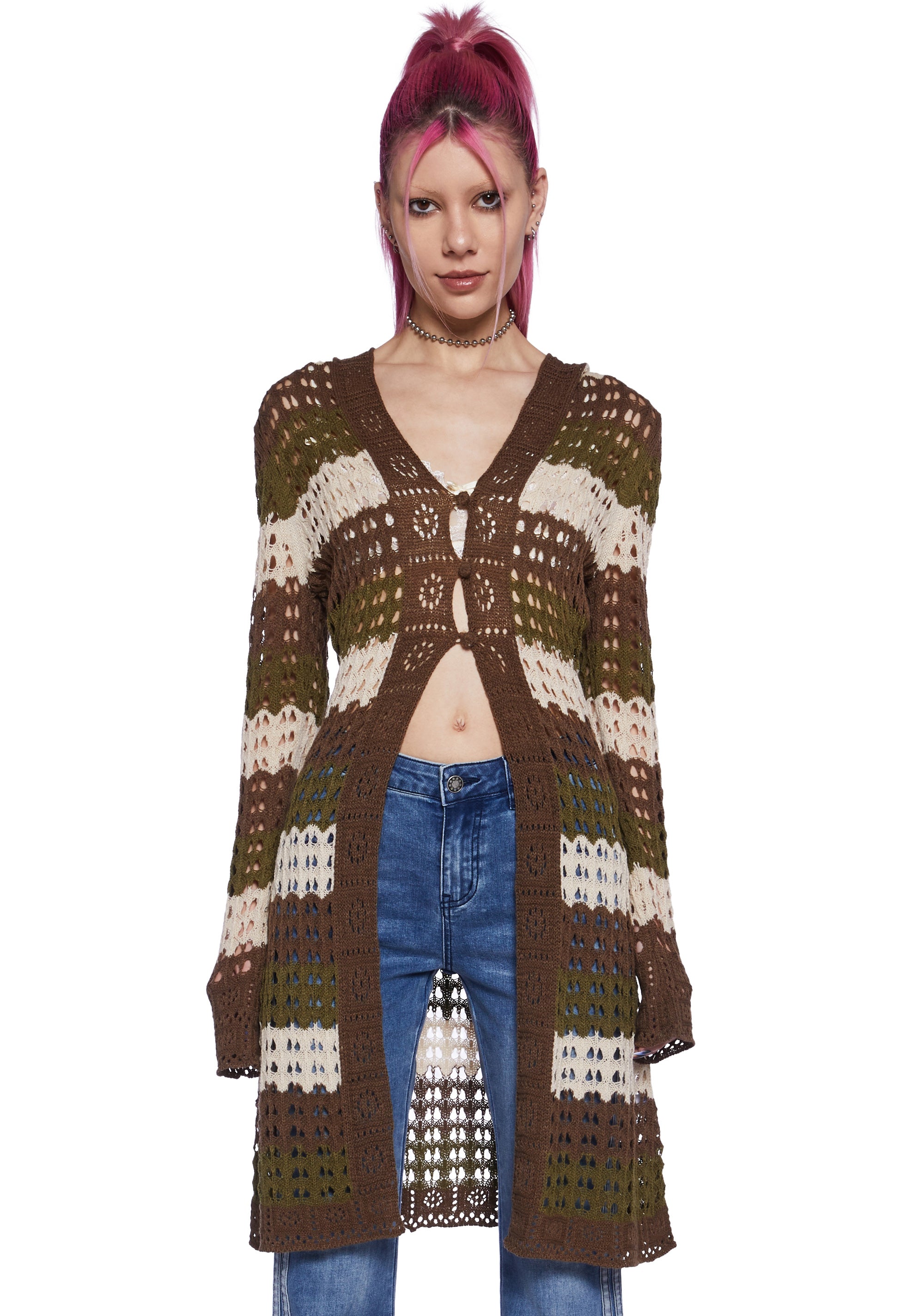 Delia's Stretchy Crochet Knit Stripped Hooded Cardigan - Brown