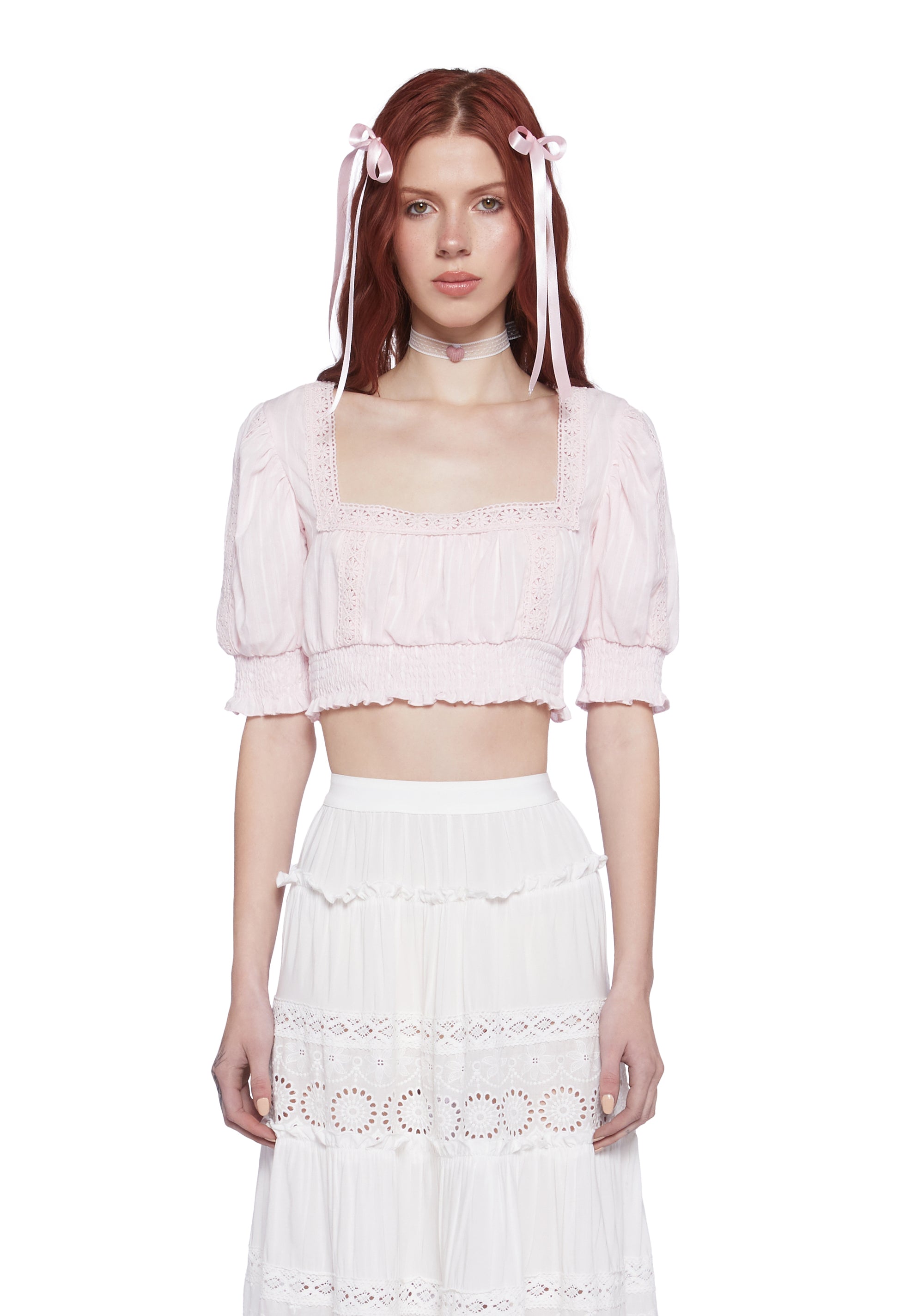 Sugar Thrillz Floral Lace Shirred Peasant Crop Top Pink Dolls Kill