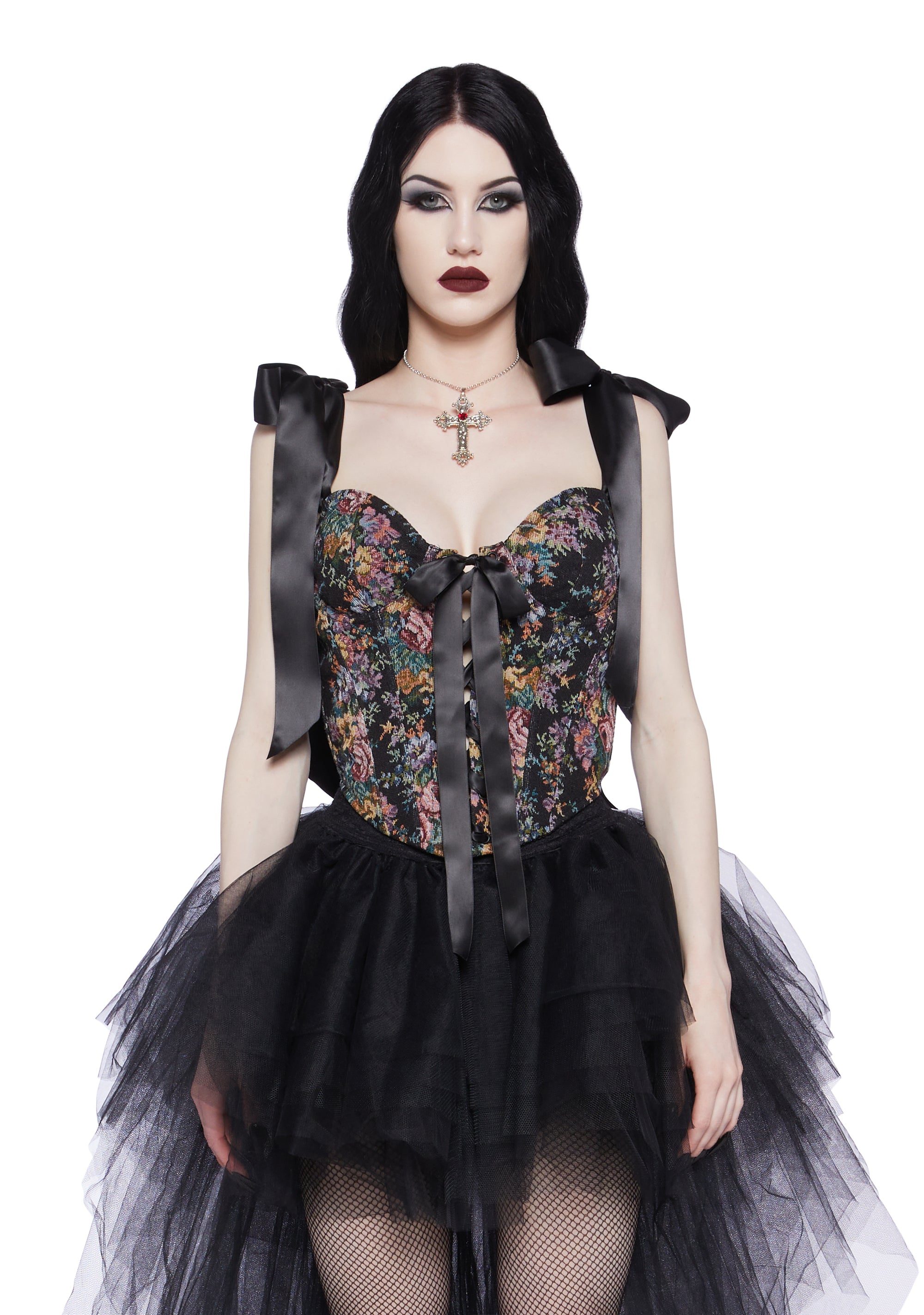 Widow Floral Brocade Lace-Up Corset Top - Black – Dolls Kill