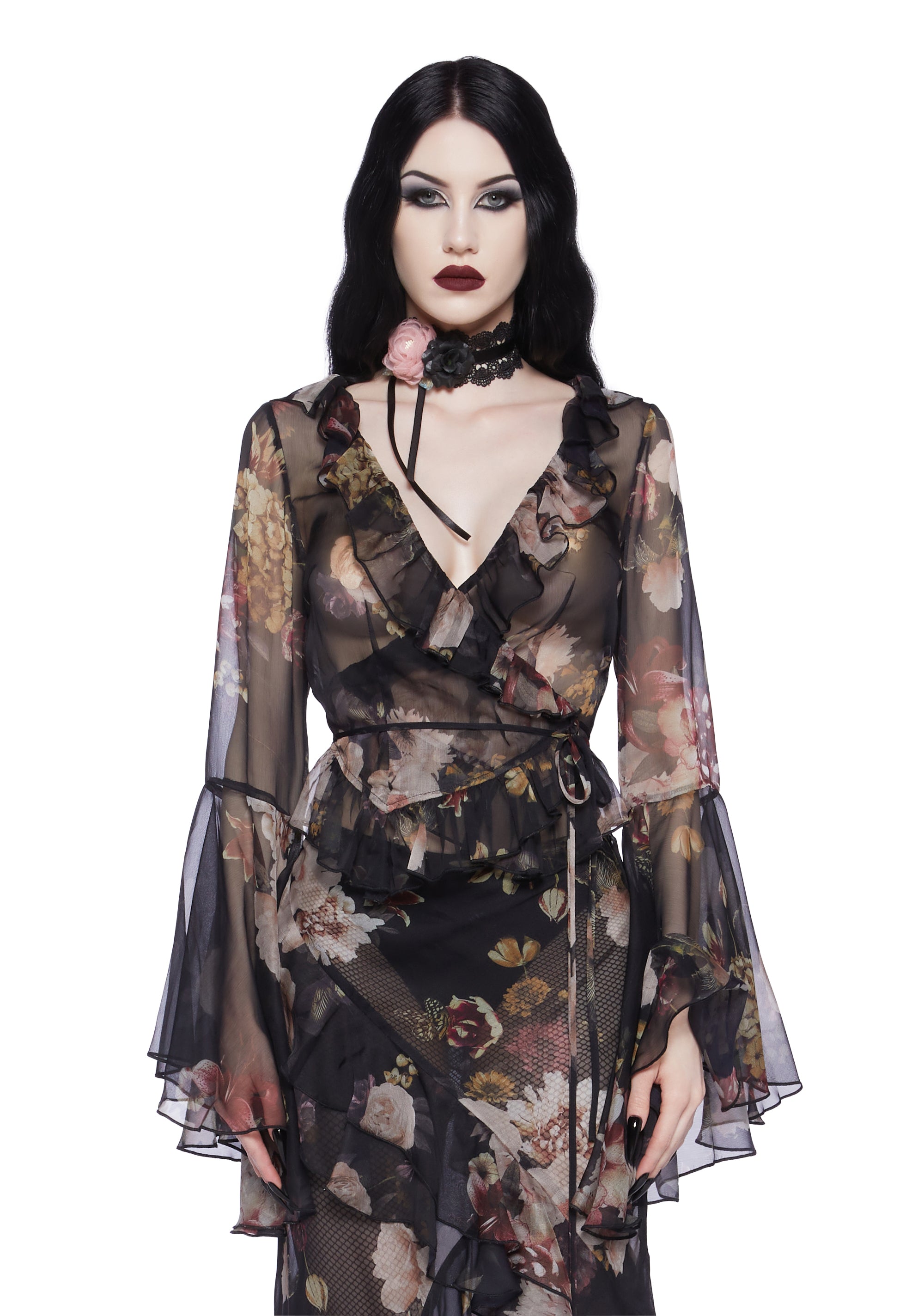 Widow Sheer Floral Chiffon Wrap Top Bohemian - Multi – Dolls