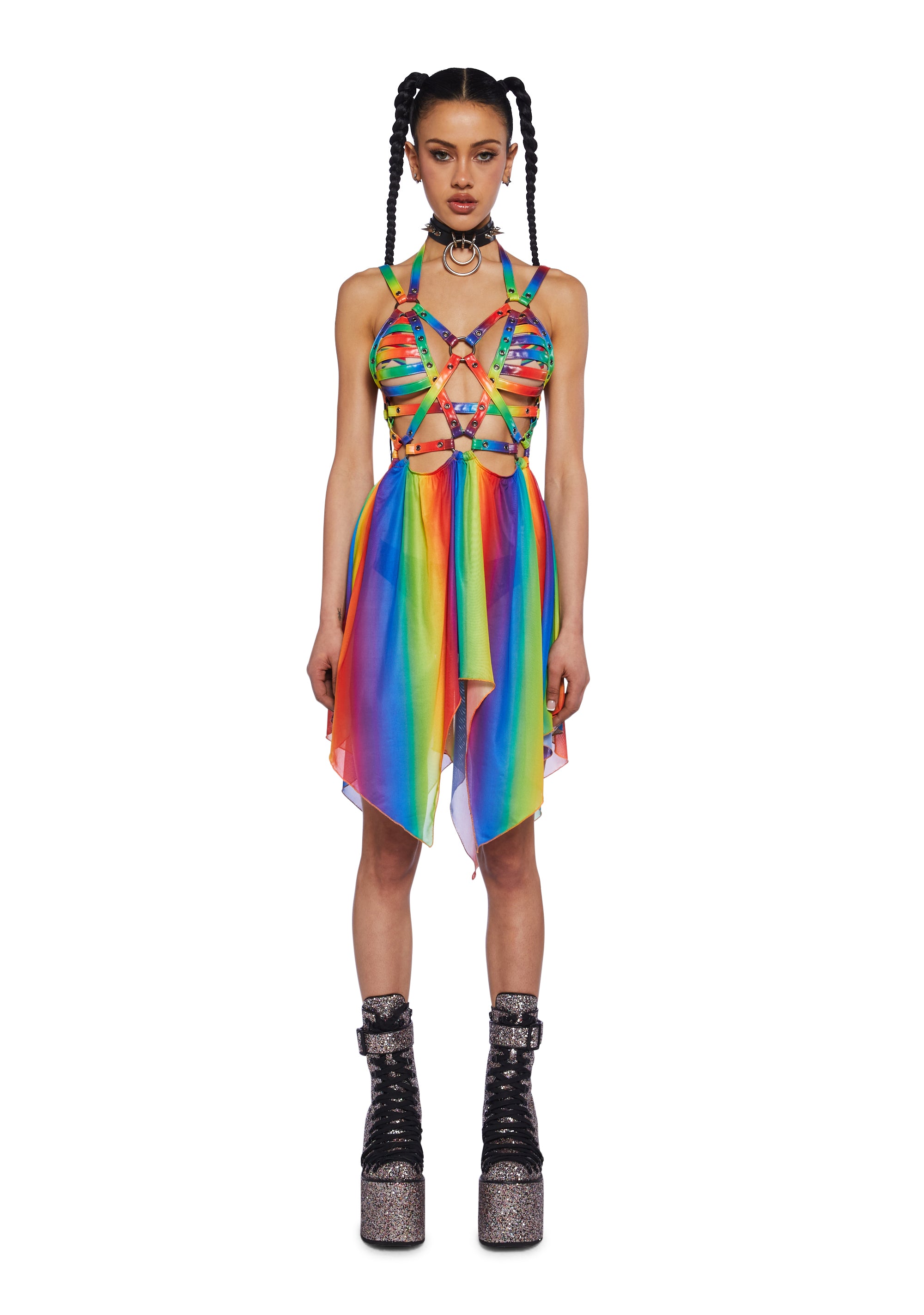 Club Exx Sheer Mesh Rainbow Harness Handkerchief Dress Multi Dolls Kill