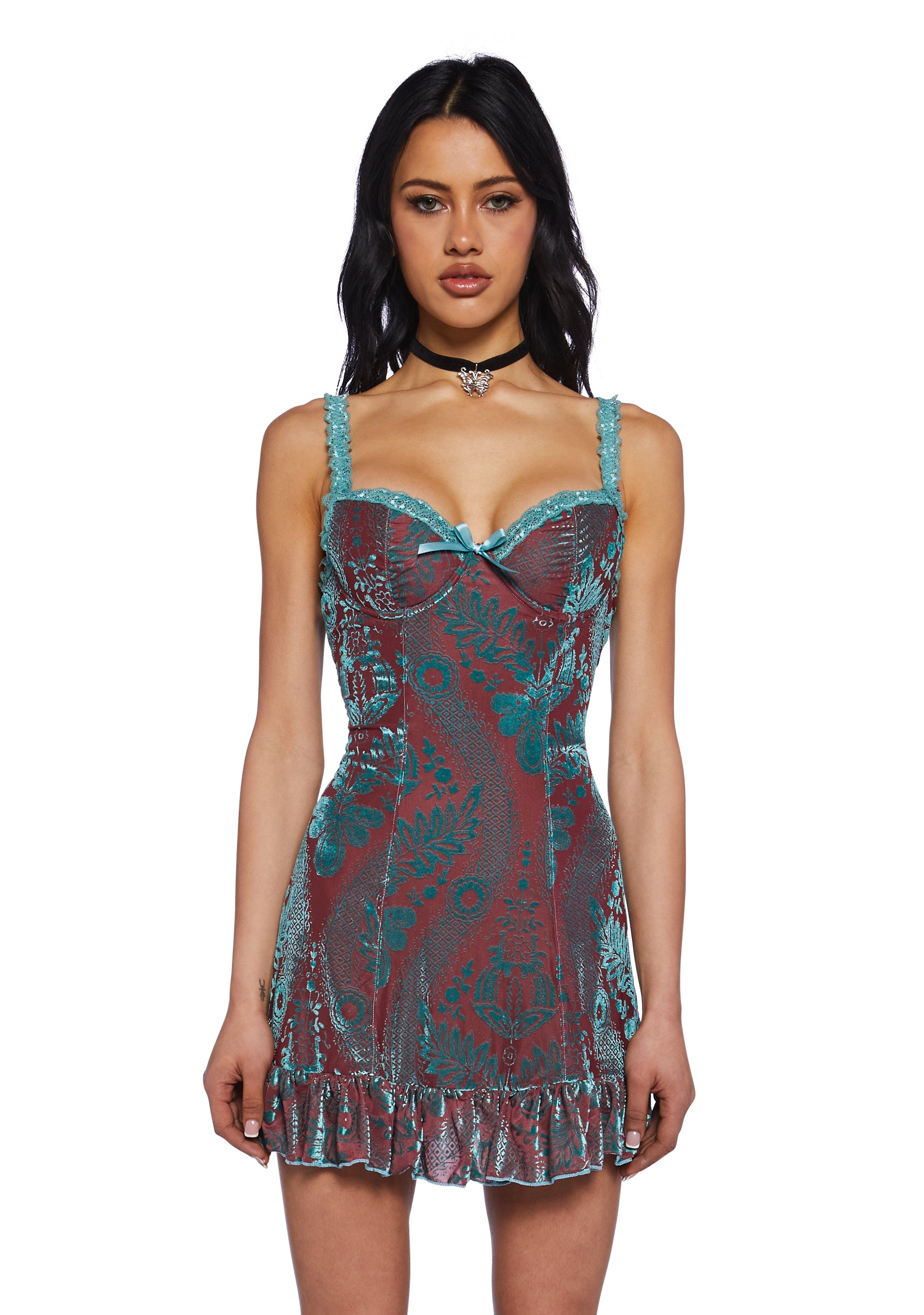 Delia s Velvet Mini Dress With Flocked Details Brown Dolls Kill