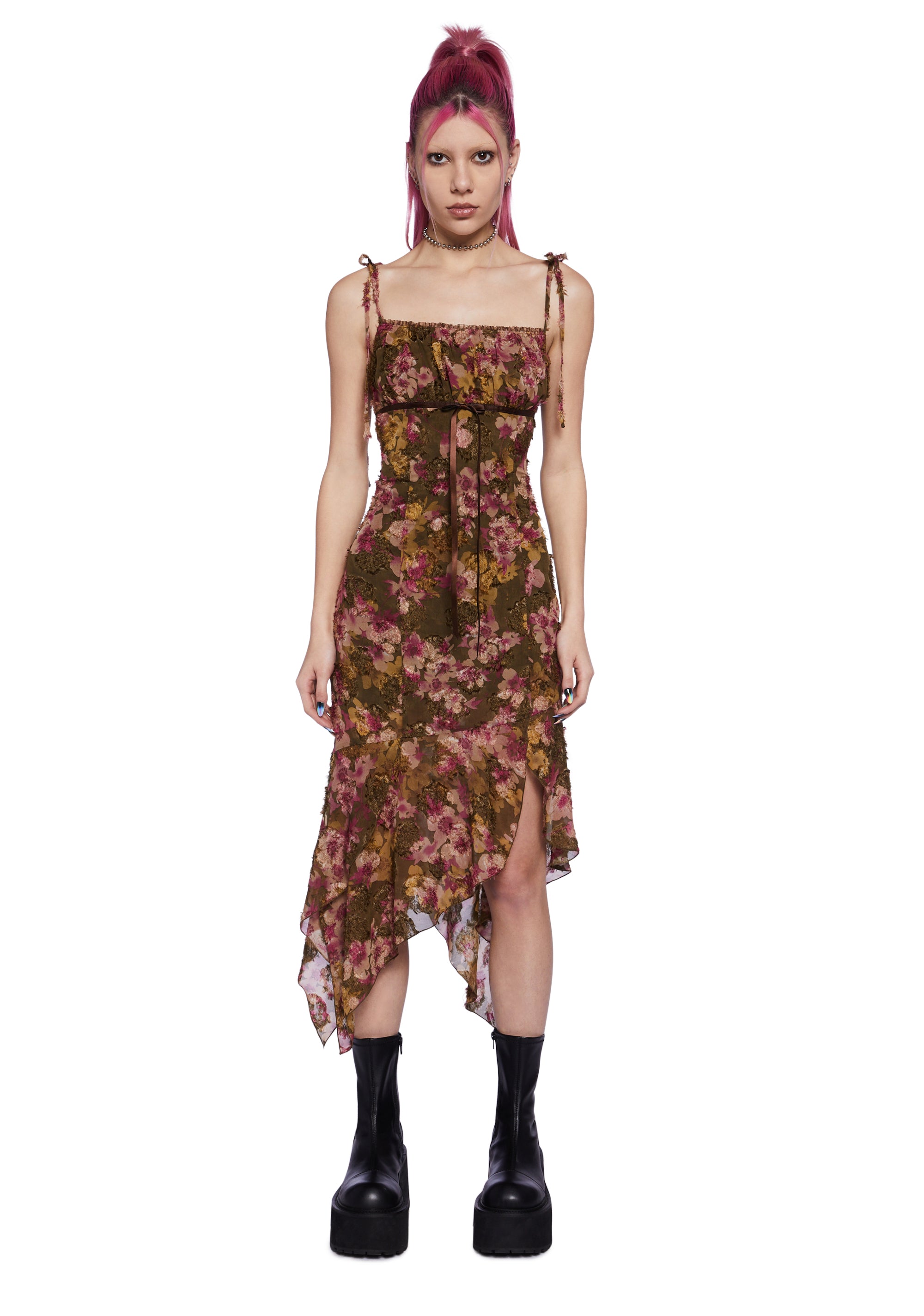 delia midi dress Delia's Mesh Floral Chiffon Asymmetrical Midi Dress