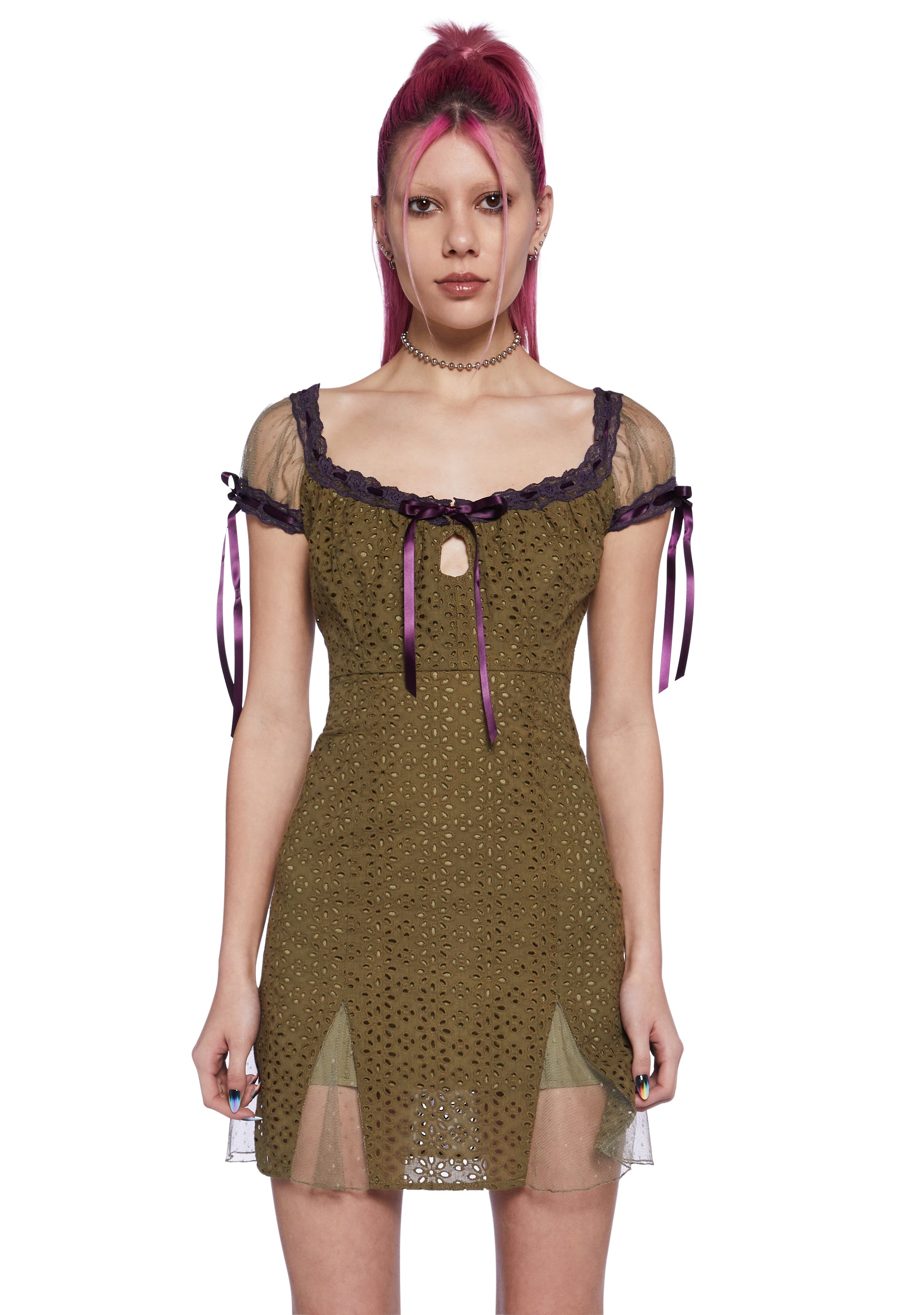 Delia's by Dollskill Eyelet Mini Dress With Interlocking Ribbons - Green Delia's by Dollskill Eyelet Mini Dress With Interlocking Ribbons - Green