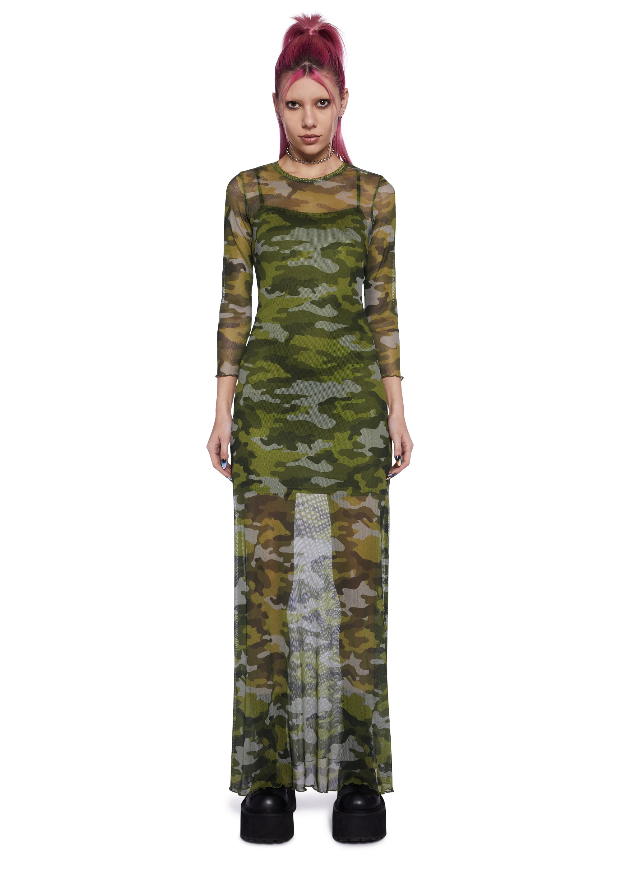 Delia's Stretchy Camo Mesh Lettuce Trim Maxi Dress - Green Dolls Kill Delia's Stretchy Camo Mesh Lettuce Trim Maxi Dress - Green Dolls Kill