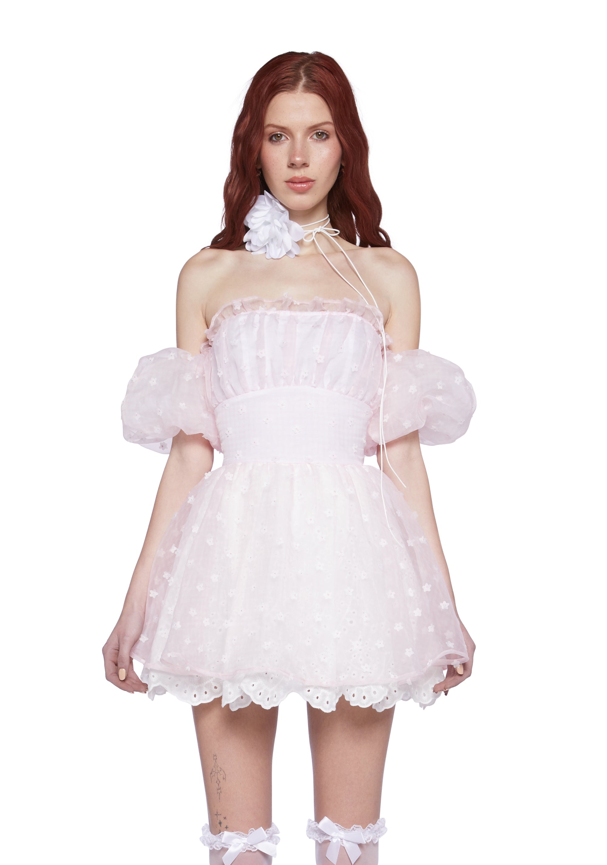 Sugar Thrillz Daisy Organza Puffy Off The Shoulder Dress With Eyelet Skirt - Pink Dolls Kill Sugar Thrillz Daisy Organza Puffy Off The Shoulder Dress With Eyelet Skirt - Pink Dolls Kill