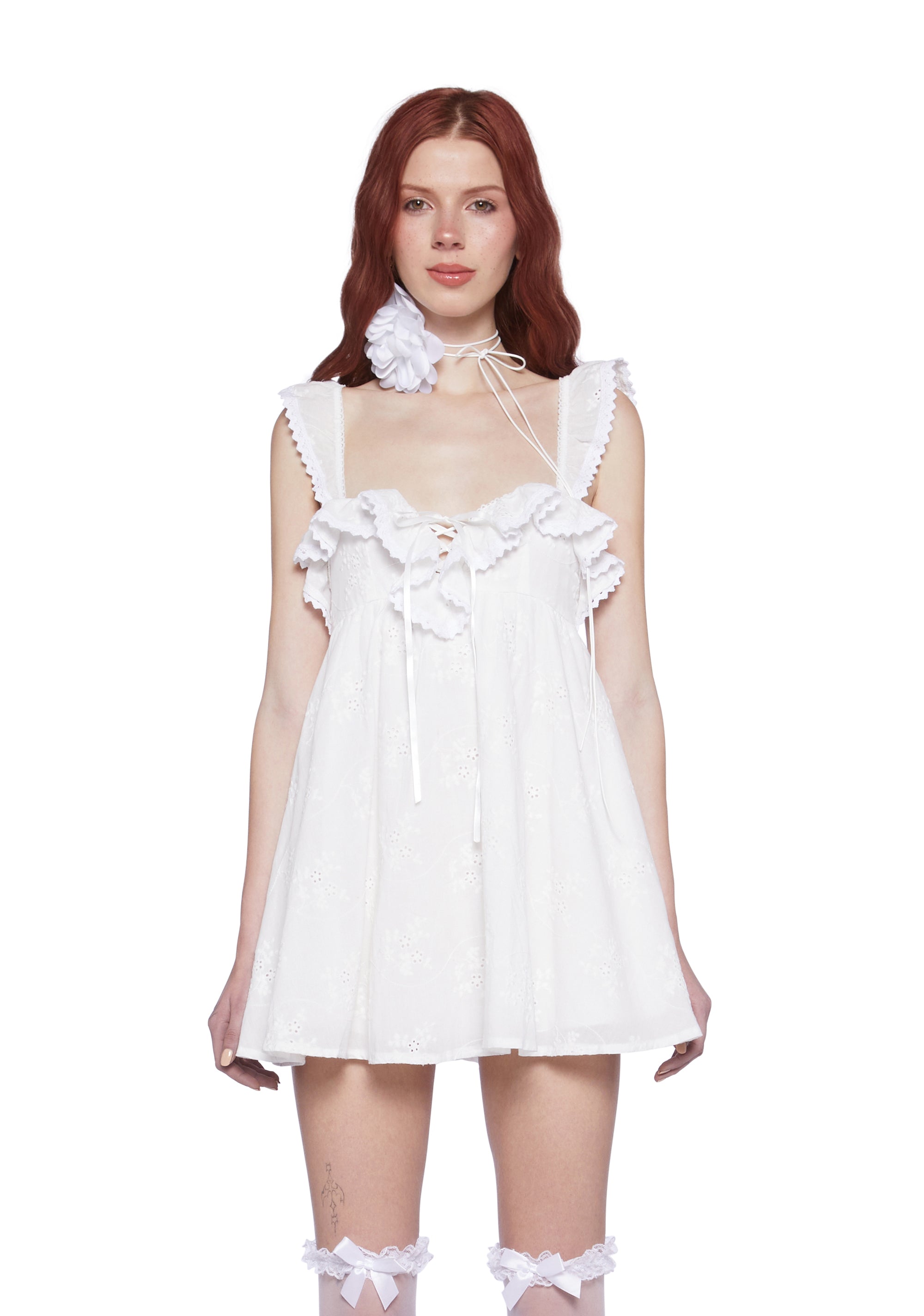 Sugar Thrillz Babydoll Eyelet Lace Ruffle Mini Dress - White Dolls Kill Sugar Thrillz Babydoll Eyelet Lace Ruffle Mini Dress - White Dolls Kill
