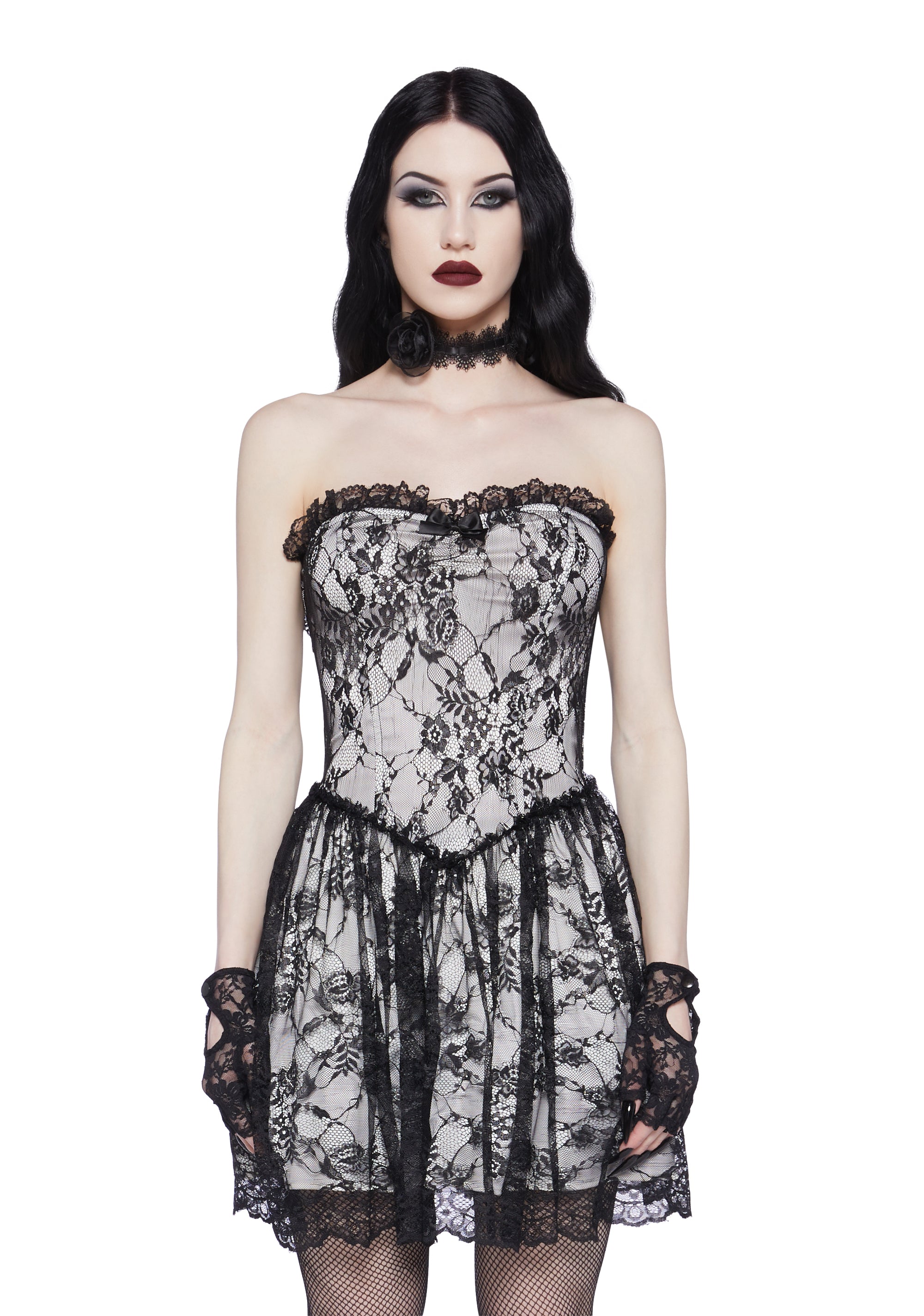 White dress with black lace overlay on sale