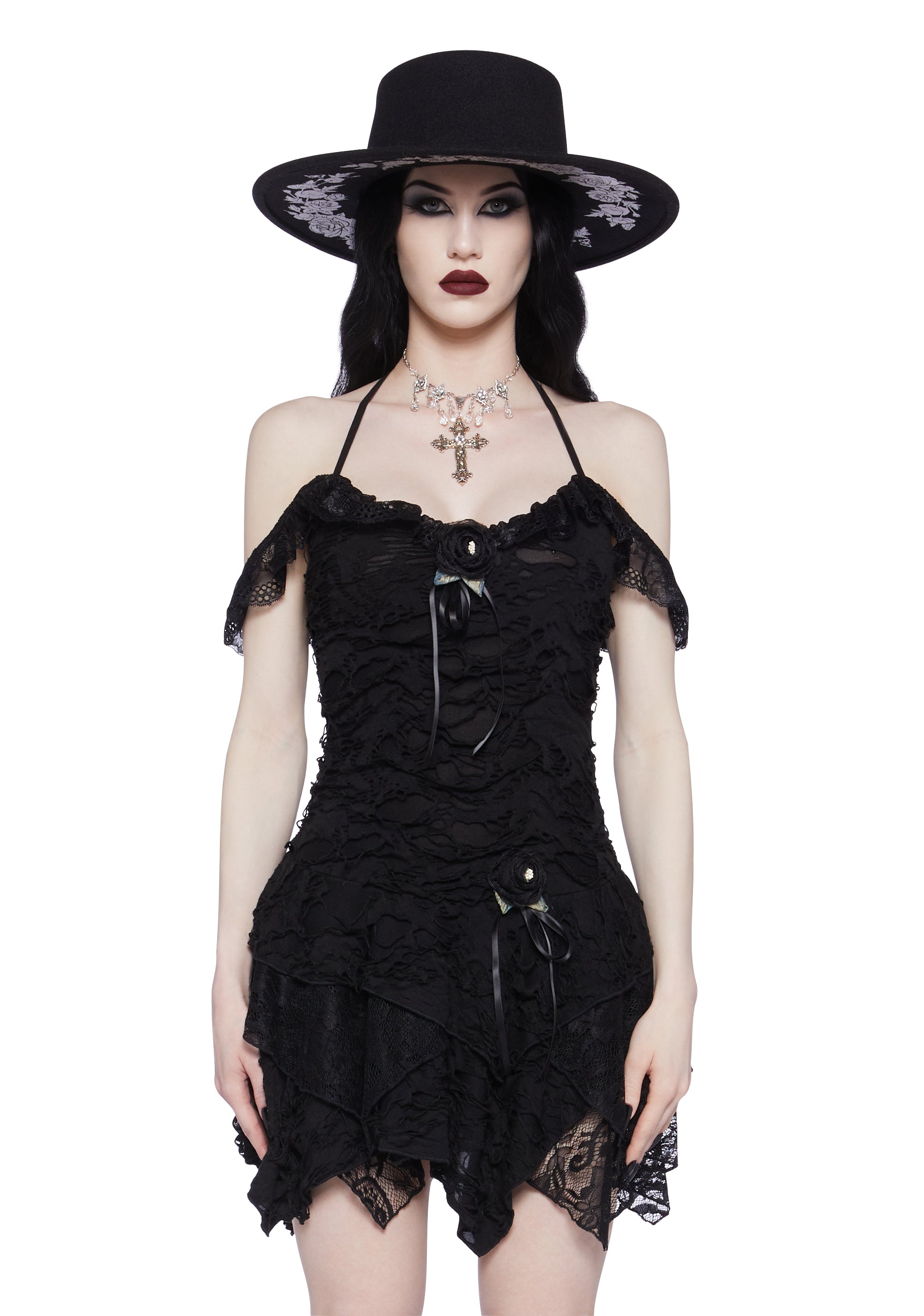 Widow Distressed Rosette Halter Mini Dress With Lace - Black Dolls Kill Widow Distressed Rosette Halter Mini Dress With Lace - Black Dolls Kill
