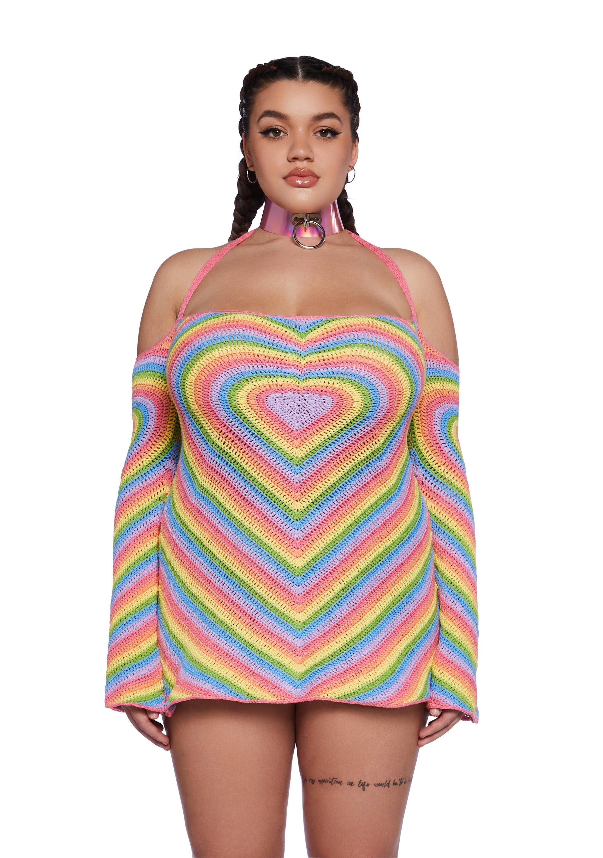 Plus Size Club Exx Rainbow Crochet Mini Halter Dress Pride