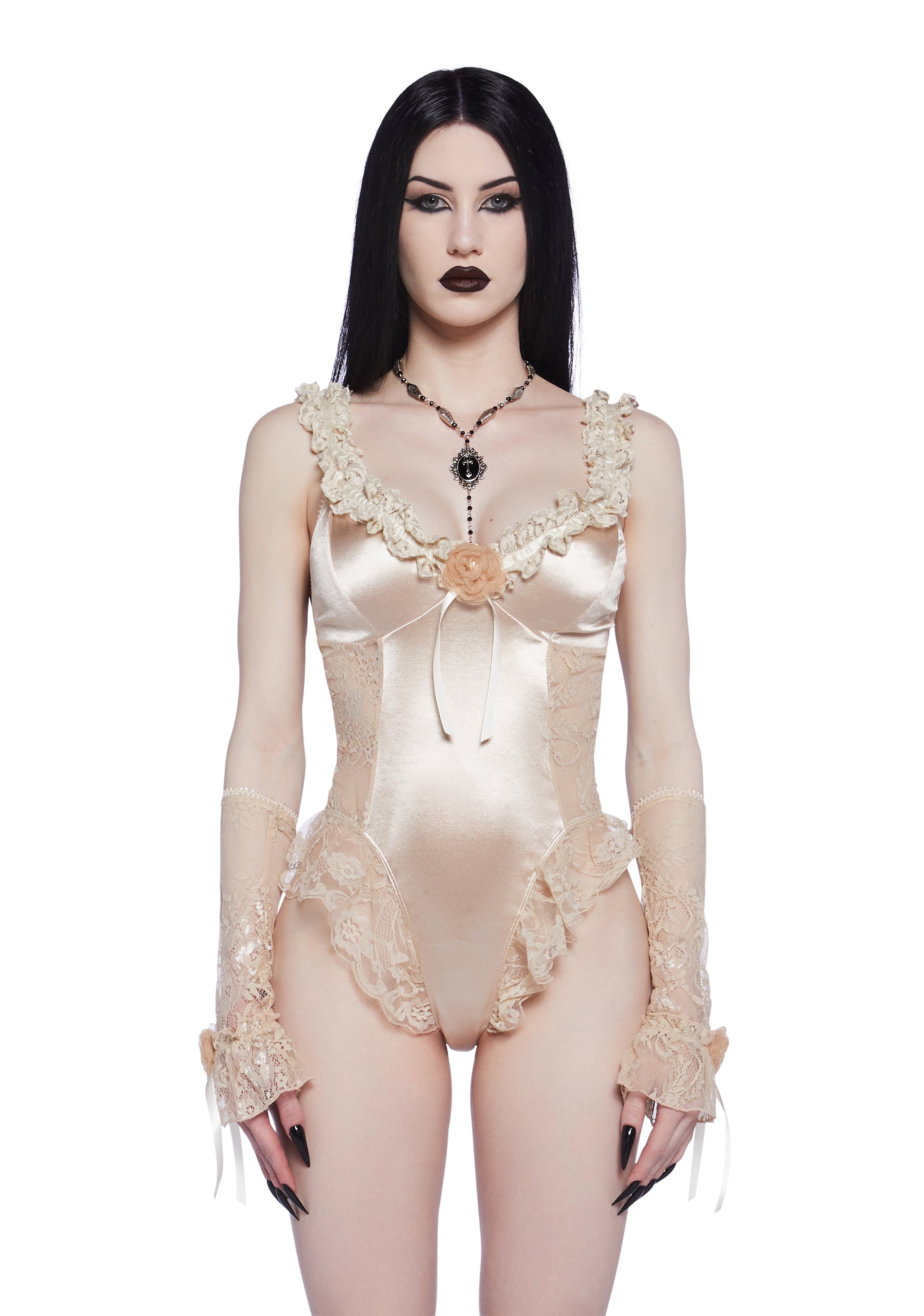 Widow Goth Satin Sheer Lace Rosette Bodysuit Lingerie Set - Off 