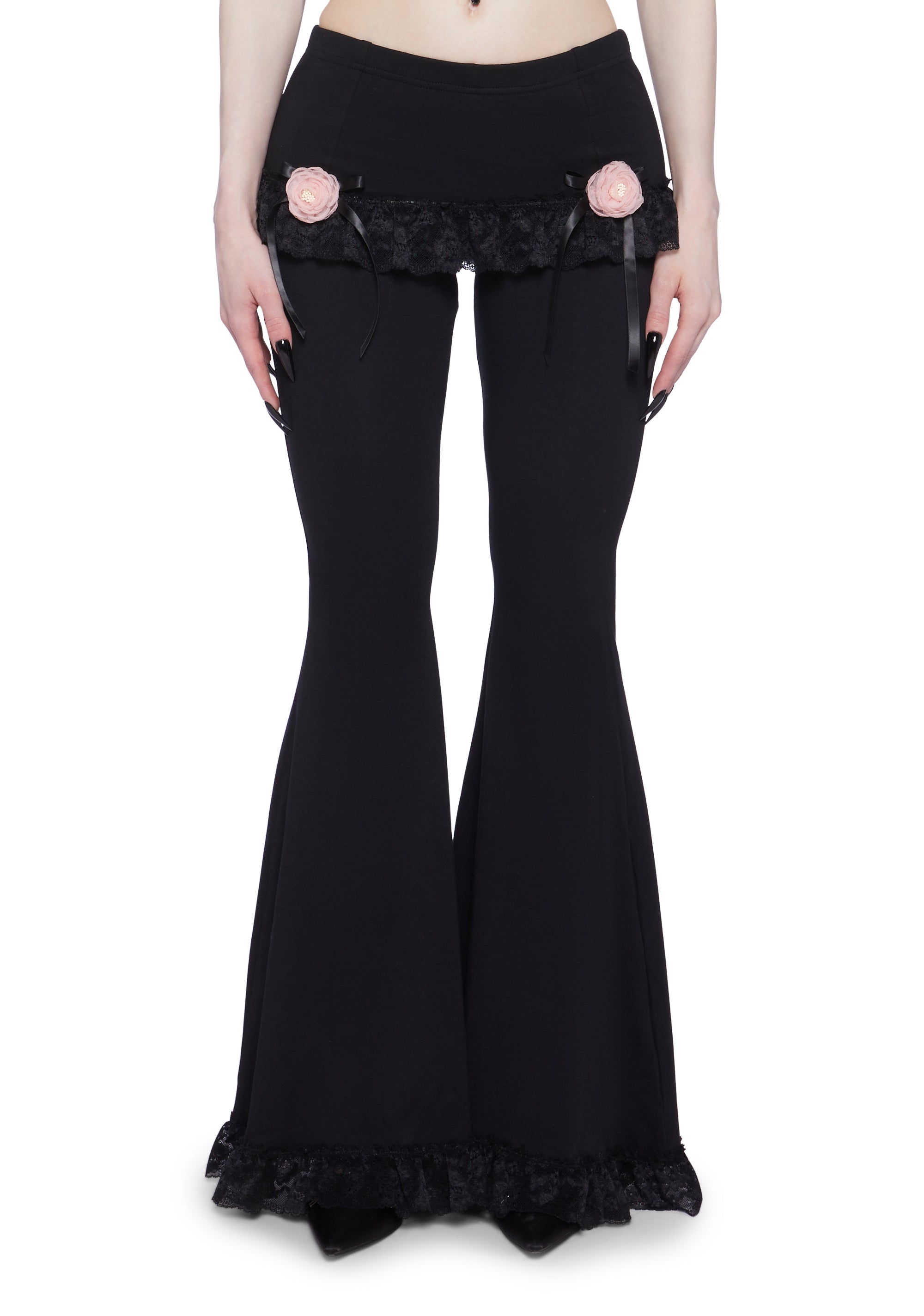 Widow Flared Pants With Lace Ruffles And Built In Mini Skirt