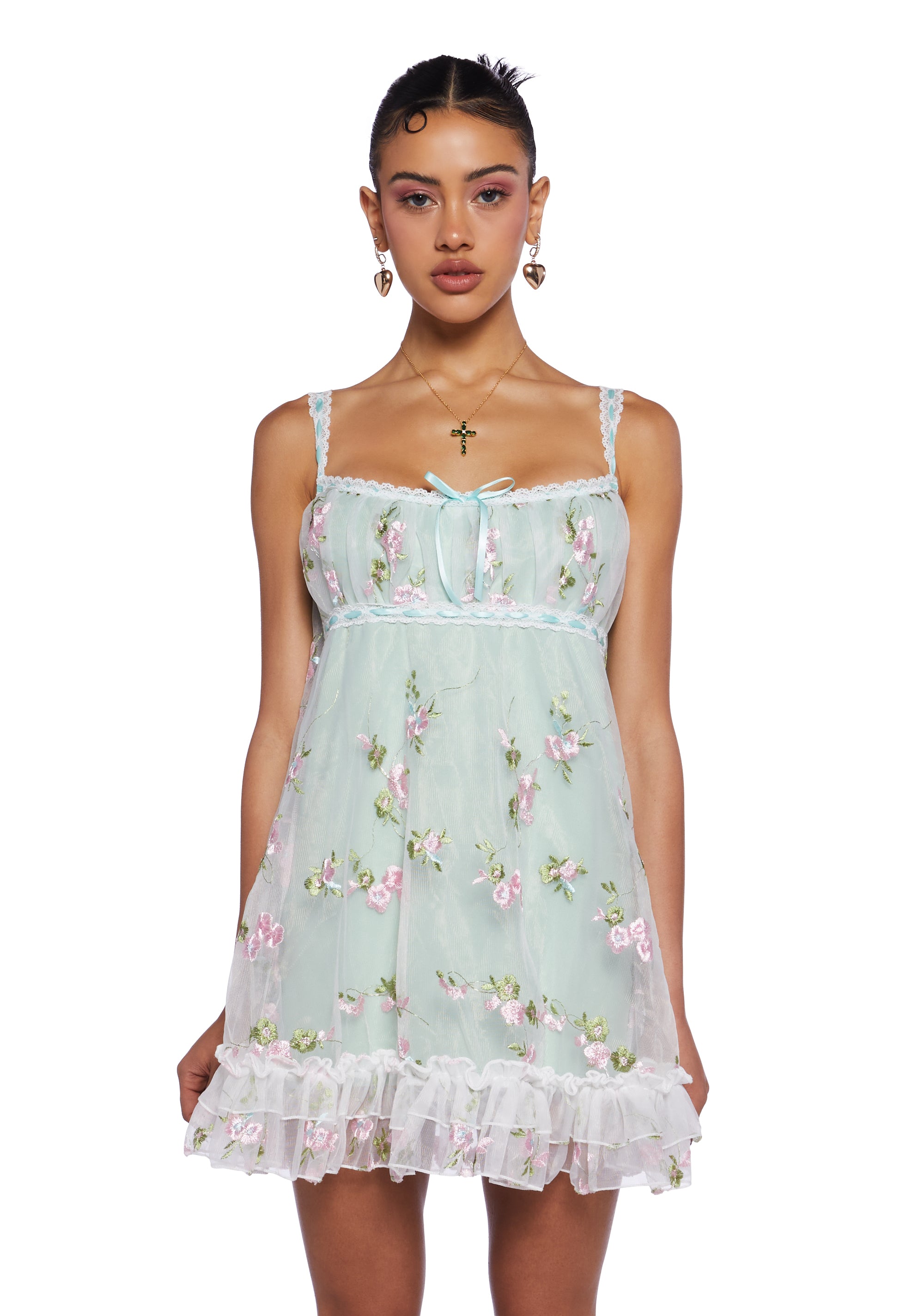 Sugar Thrillz Mesh Overlay Tank Dress With Embroidered Floral Designs  Regencycore - Sage – Dolls Kill