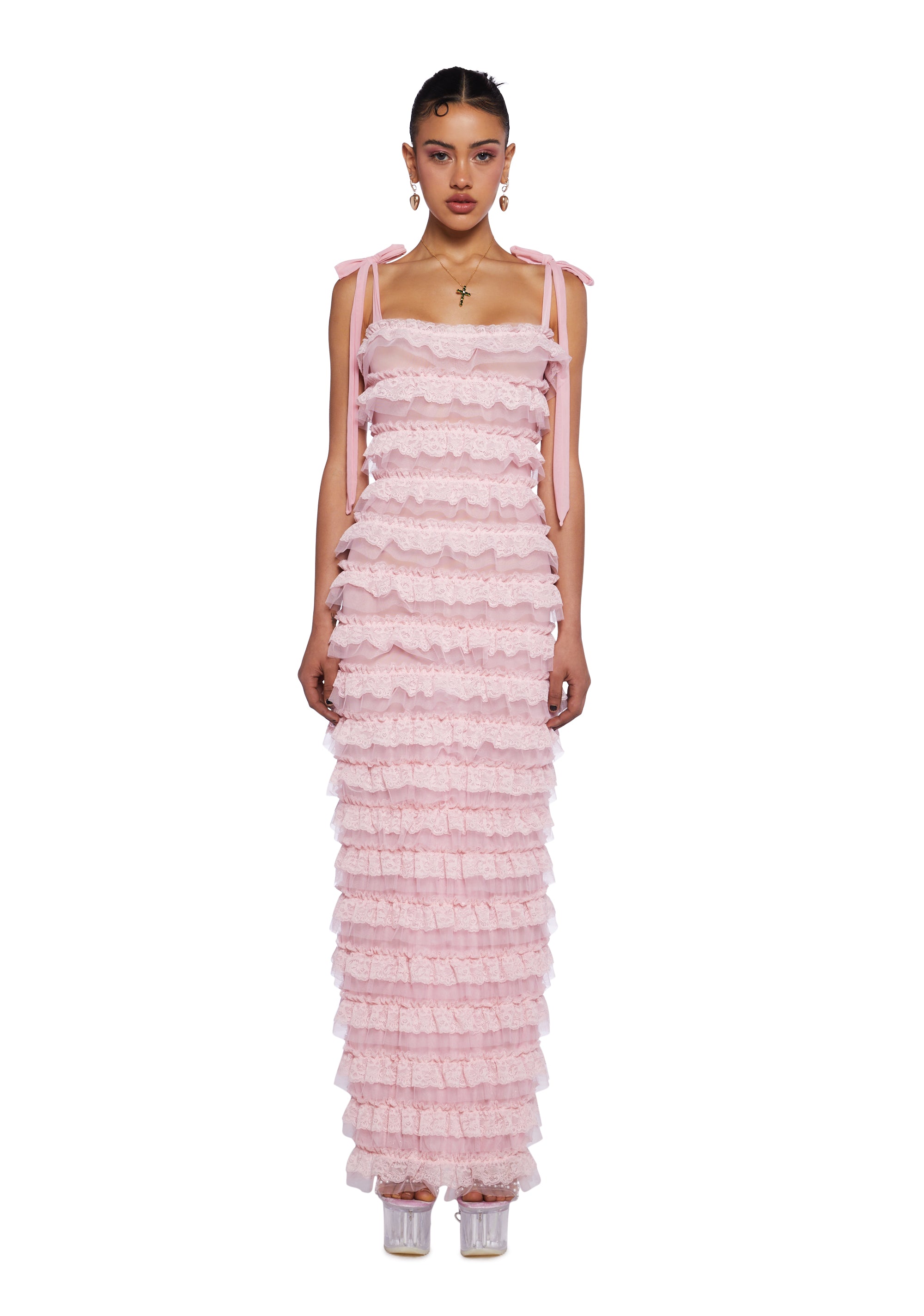 Sugar Thrillz Regency Sheer Mesh Lace Ruffled Maxi Dress