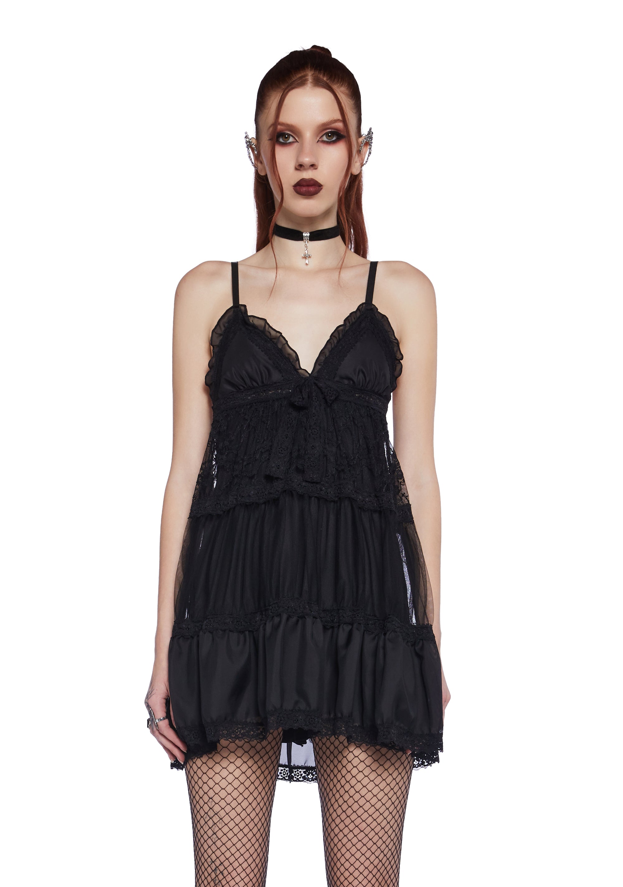 Widow Ruffled Tiered Lace Mesh Babydoll Slip Mini Dress - Black Dolls Kill Widow Ruffled Tiered Lace Mesh Babydoll Slip Mini Dress - Black Dolls Kill