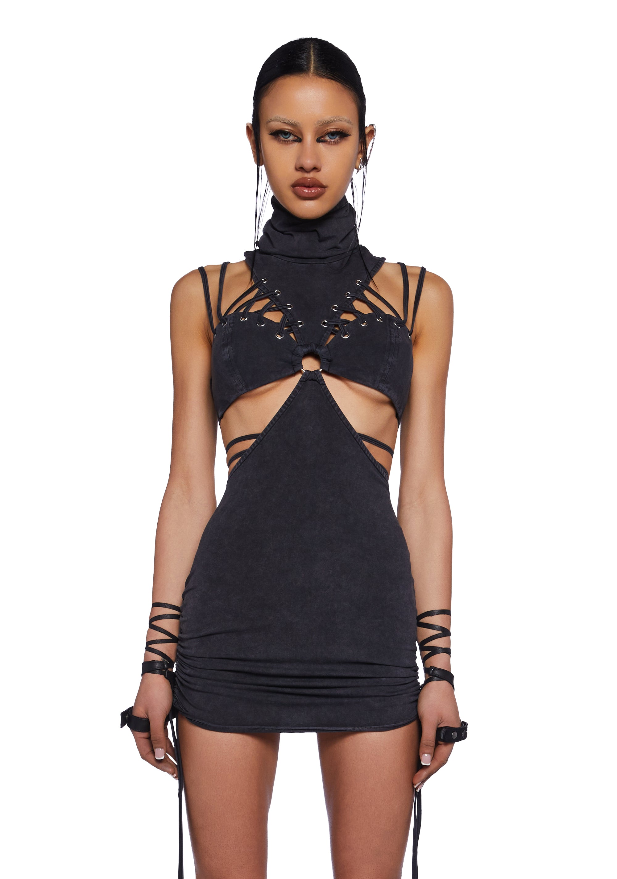 Darker Wavs Lace Up Bodycon Cotton Dress - Black Dolls Kill Darker Wavs Lace Up Bodycon Cotton Dress - Black Dolls Kill