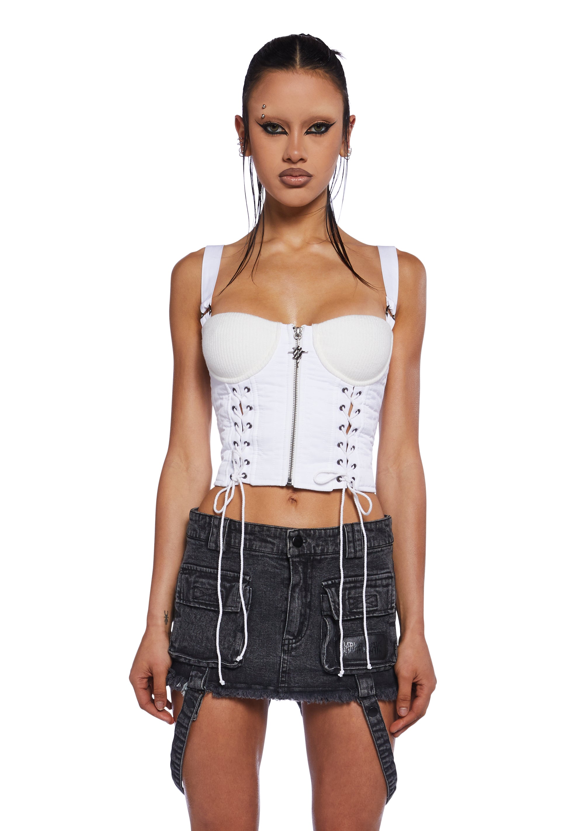 Darker Wavs Padded Nylon And Knit Ribbed Lace Up Corset Top