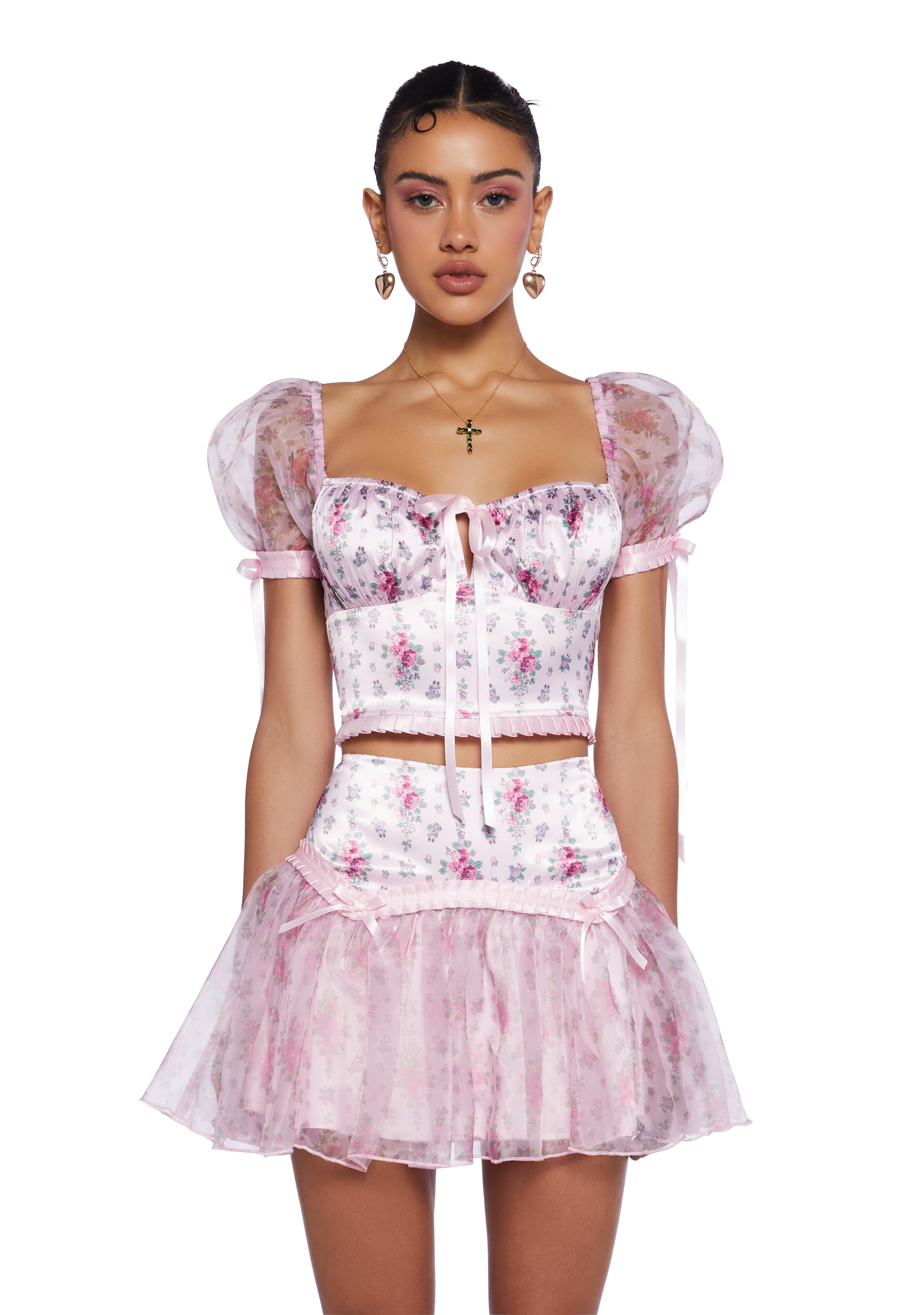Sugar Thrillz Regency Floral Satin Bow Puff Sleeve Crop Top