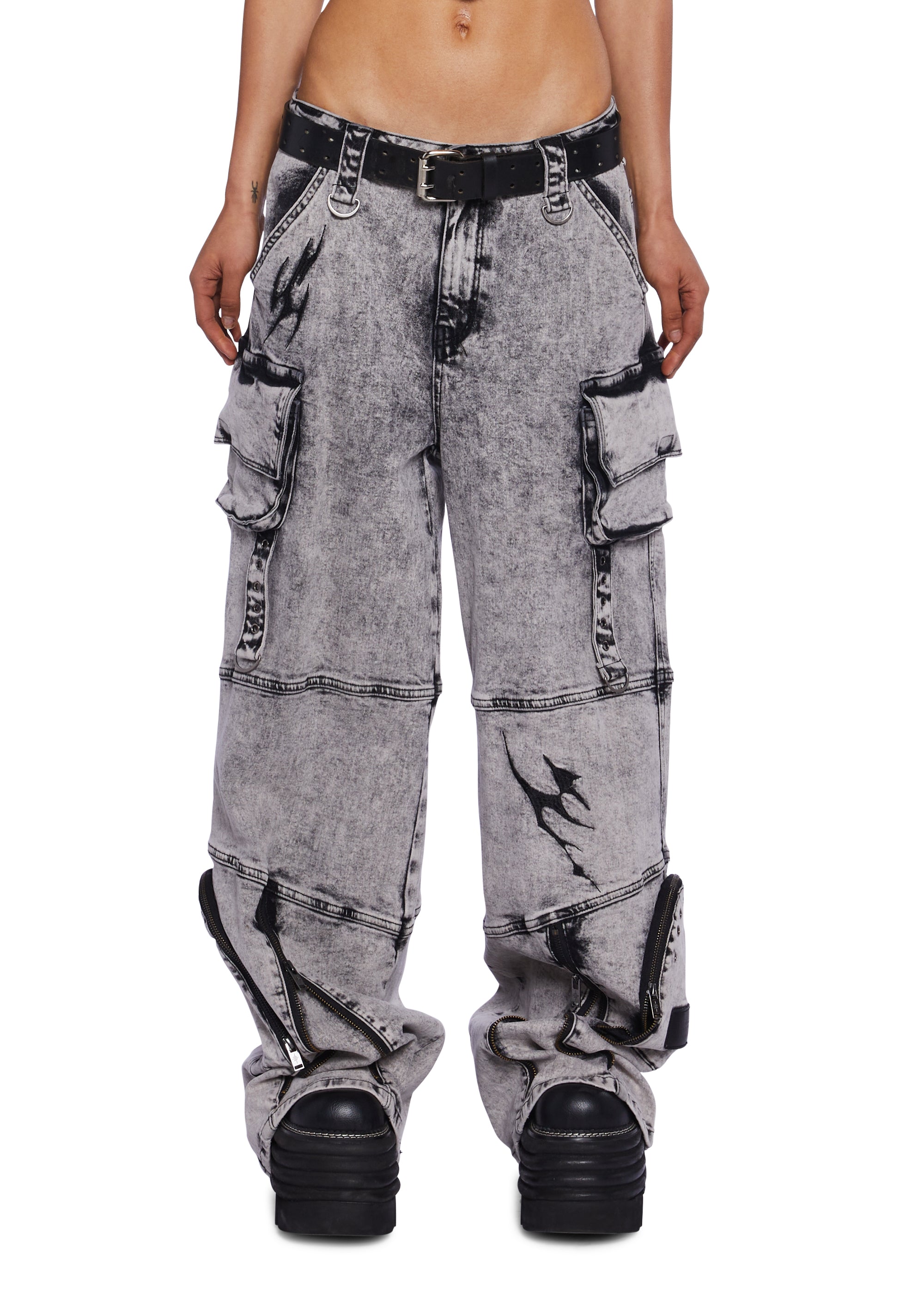 Darker Wavs Washed Denim Zippered Cargo Jeans - White