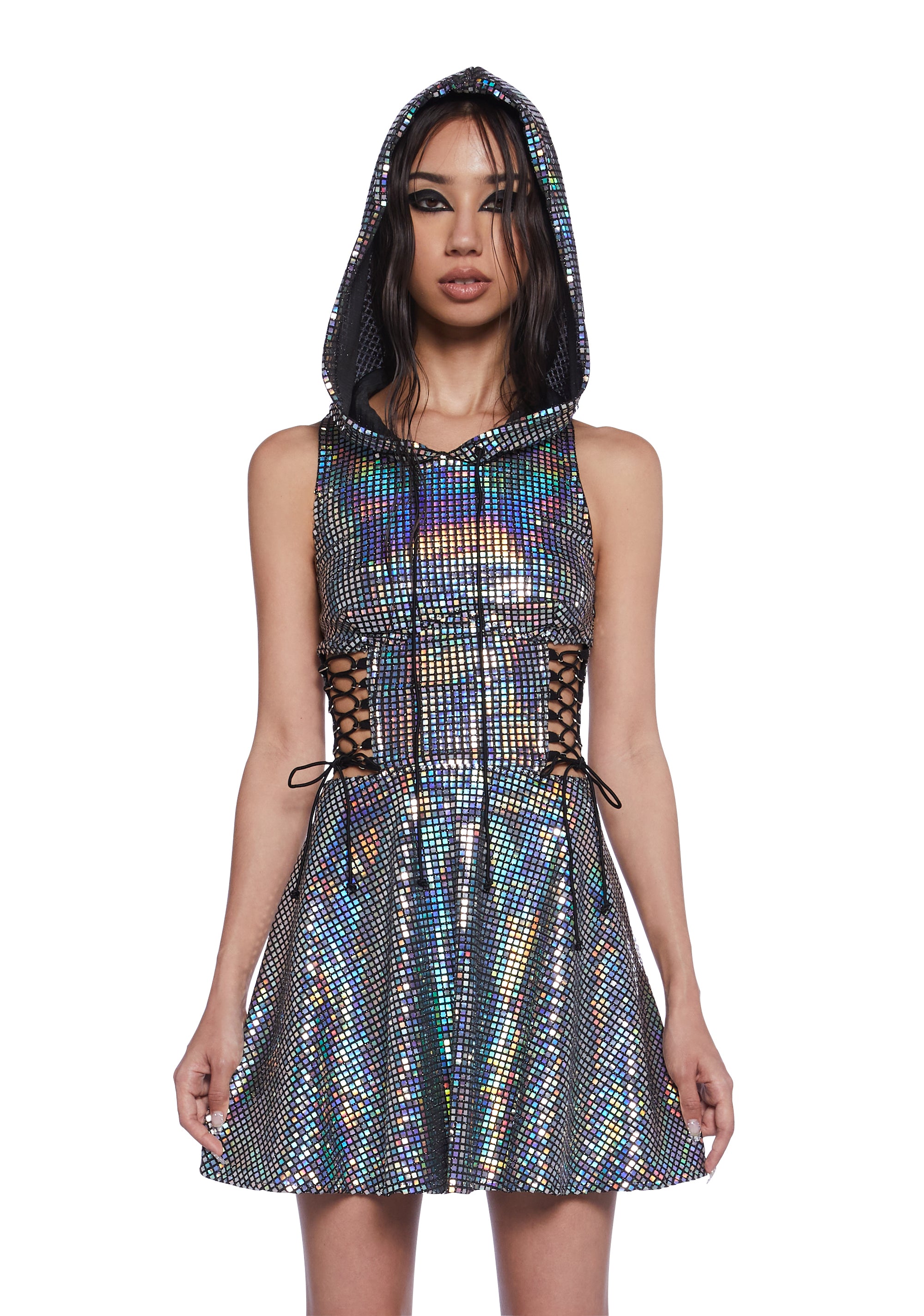 Club Exx Iridescent Cosmic Disco Holographic Mirror Hooded CorsetMini Dress - Metallic Dolls Kill Club Exx Iridescent Cosmic Disco Holographic Mirror Hooded CorsetMini Dress - Metallic Dolls Kill