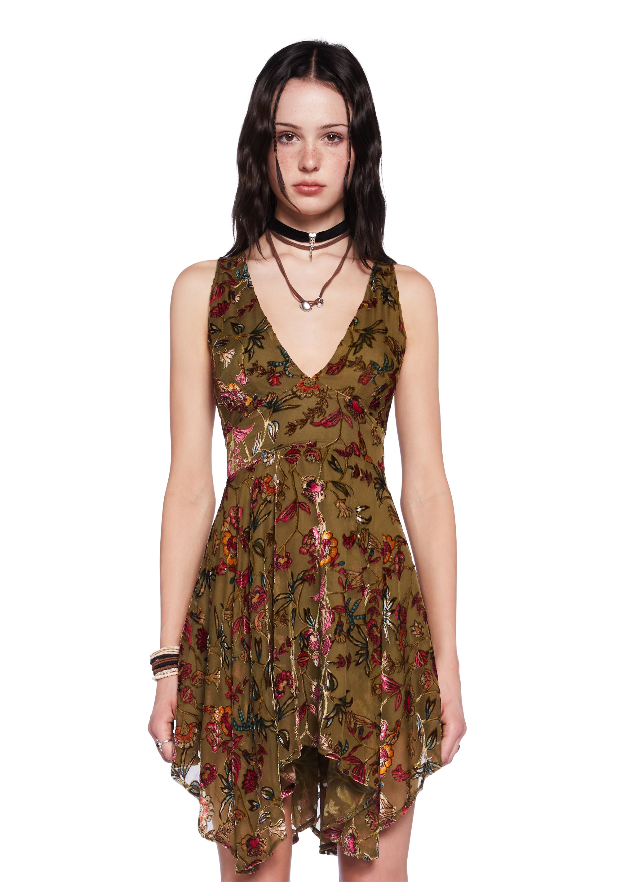 Current Mood Floral Print Handkerchief Hem Mini Dress - Green Dolls Kill Current Mood Floral Print Handkerchief Hem Mini Dress - Green Dolls Kill
