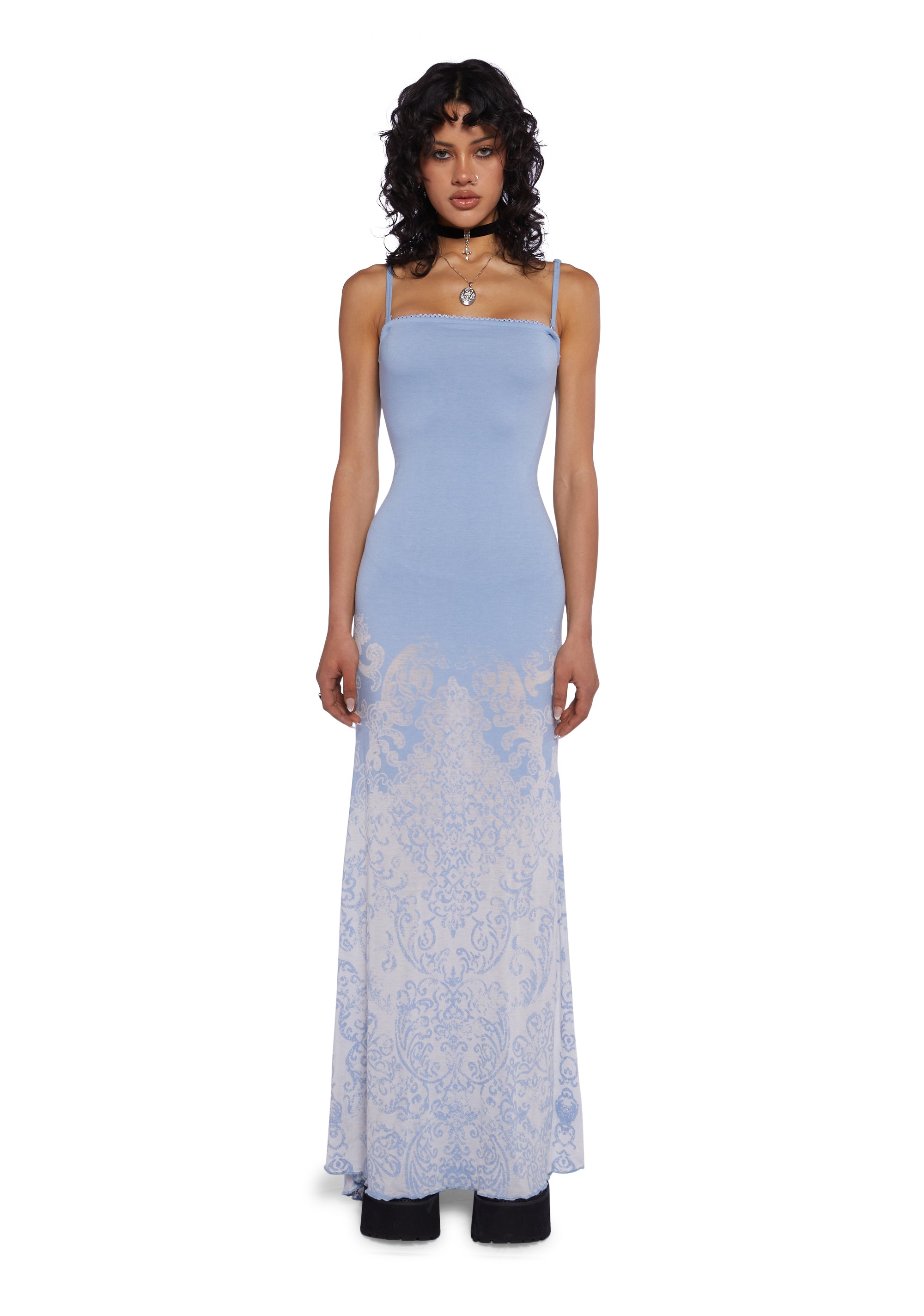 Current Mood Stretchy Knit Burnout Filigree Maxi Dress - Blue Dolls Kill Current Mood Stretchy Knit Burnout Filigree Maxi Dress - Blue Dolls Kill