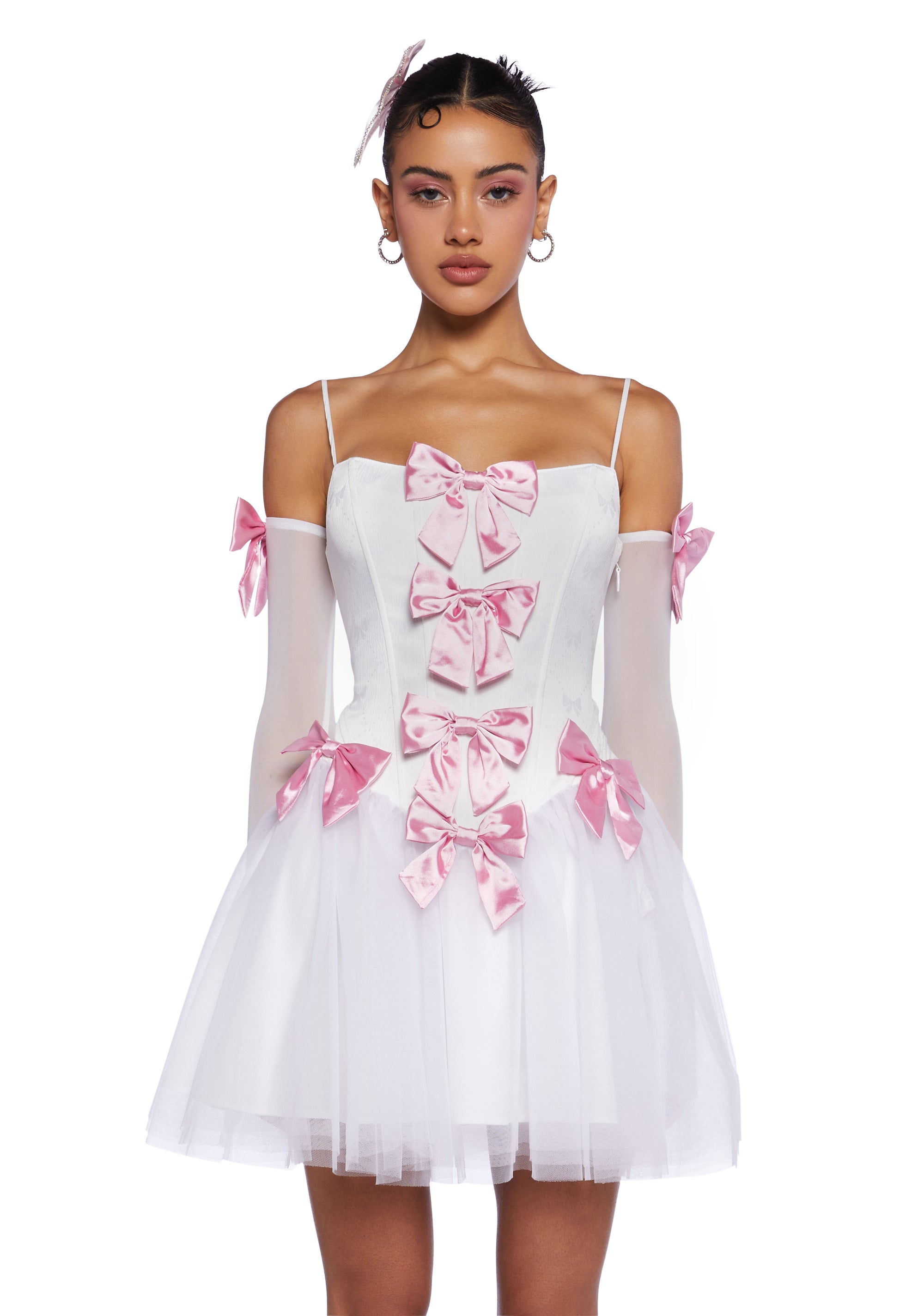 Sugar Thrillz Regency Satin Tulle Corset Bow Mini Dress With Gloves - White Dolls Kill Sugar Thrillz Regency Satin Tulle Corset Bow Mini Dress With Gloves - White Dolls Kill