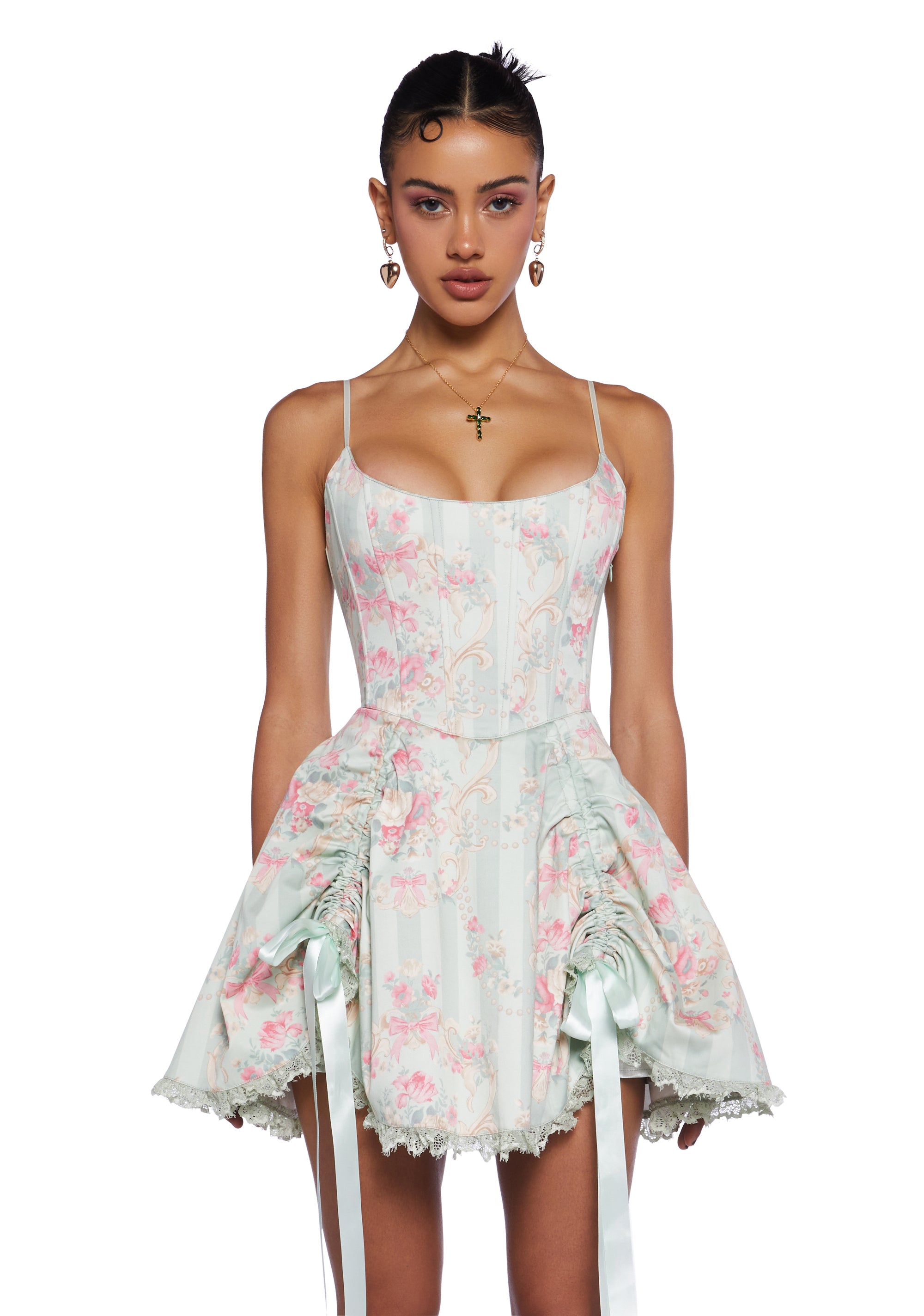 Sugar Thrillz Regency Twill Striped Bow Floral Ruched Lace Corset Mini Dress Green