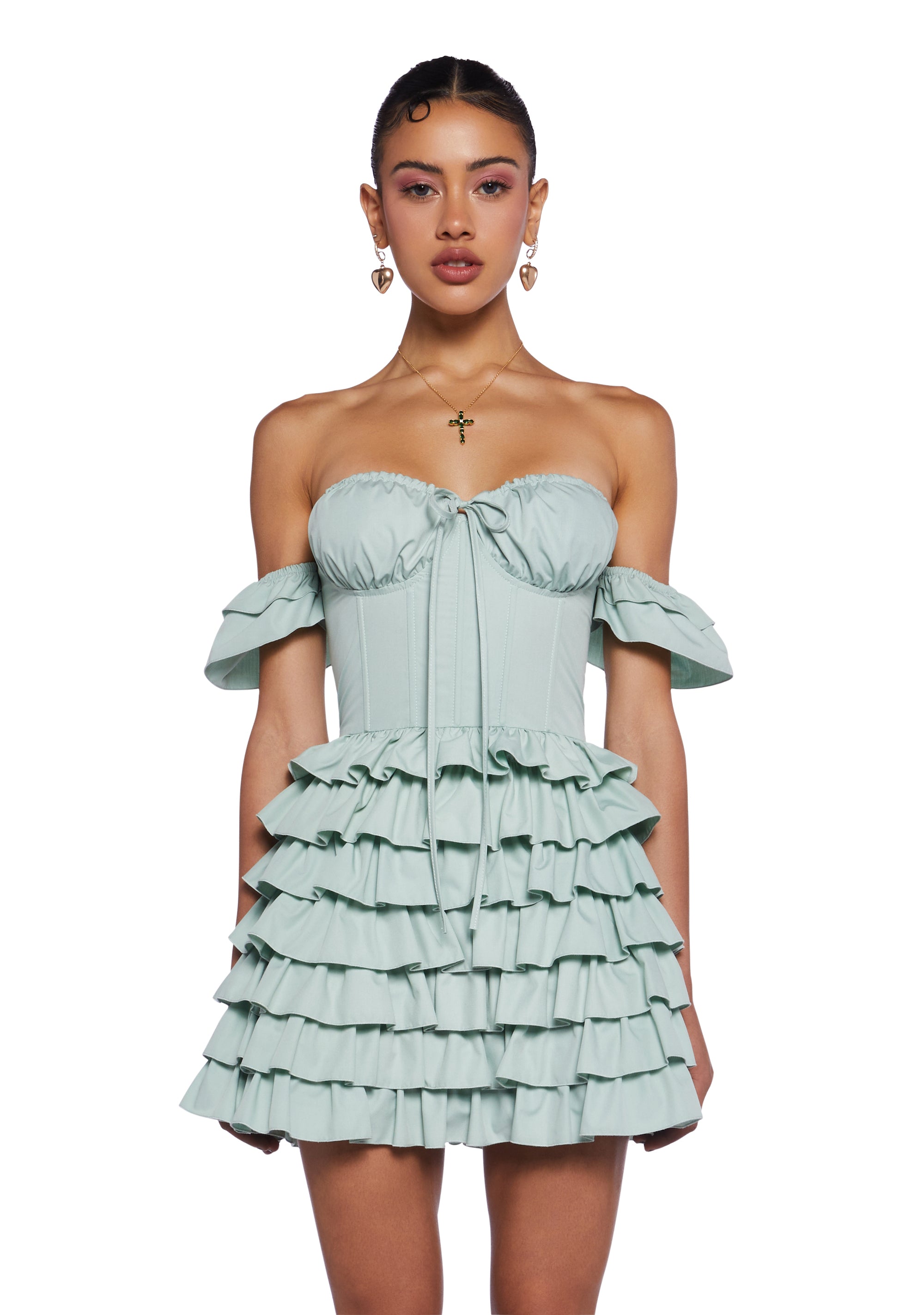 Sugar Thrillz Regency Twill Off-The-Shoulder Tiered Ruffle Fit N' Flare Dress - Green Dolls Kill Sugar Thrillz Regency Twill Off-The-Shoulder Tiered Ruffle Fit N' Flare Dress - Green Dolls Kill