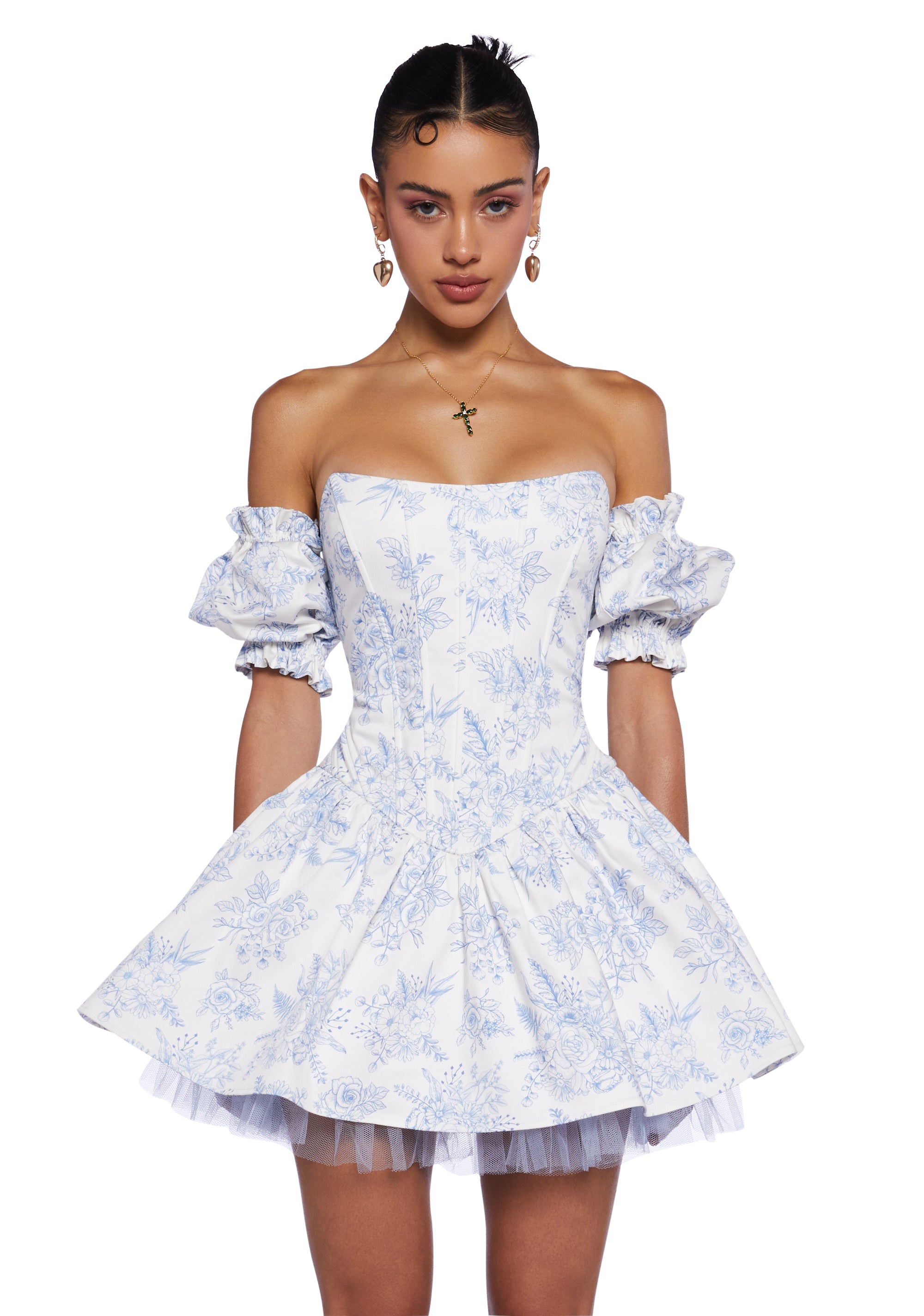 Sugar Thrillz Floral Print Corset Mini Dress With Tulle Hem Regencycore - Blue Dolls Kill Sugar Thrillz Floral Print Corset Mini Dress With Tulle Hem Regencycore - Blue Dolls Kill