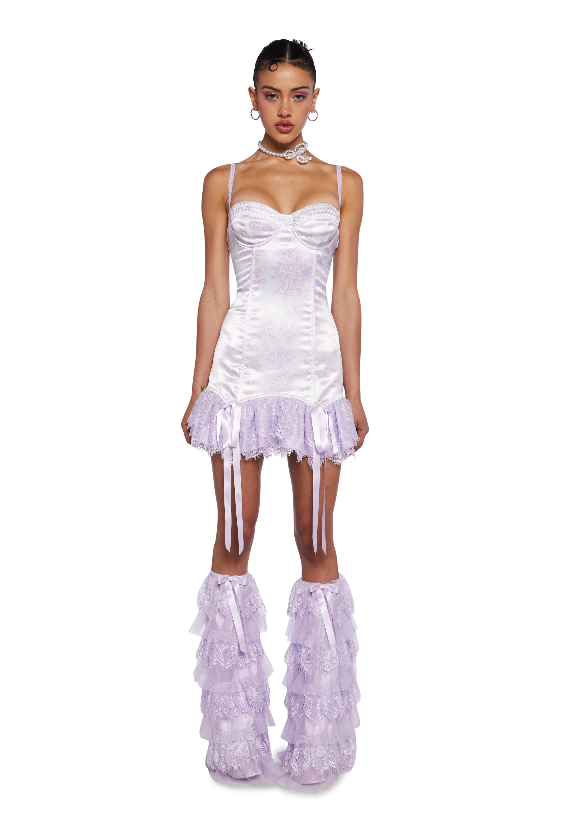 Sugar Thrillz Regency Satin Floral Ruffled Lace Bodycon Dress And Leg  Warmers