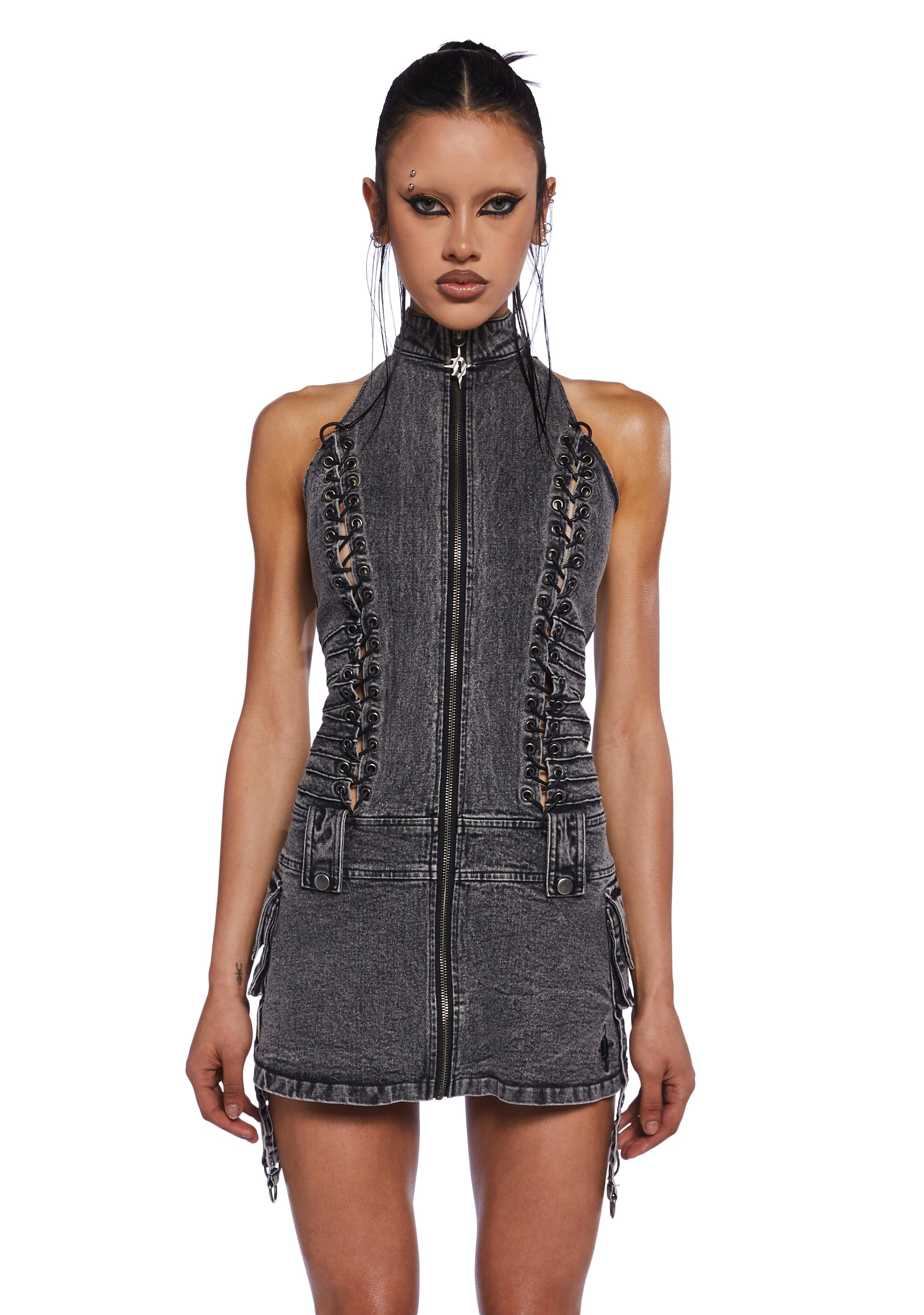Darker Wavs Washed Denim A Line Lace Up Mini Dress - Black Dolls Kill Darker Wavs Washed Denim A Line Lace Up Mini Dress - Black Dolls Kill