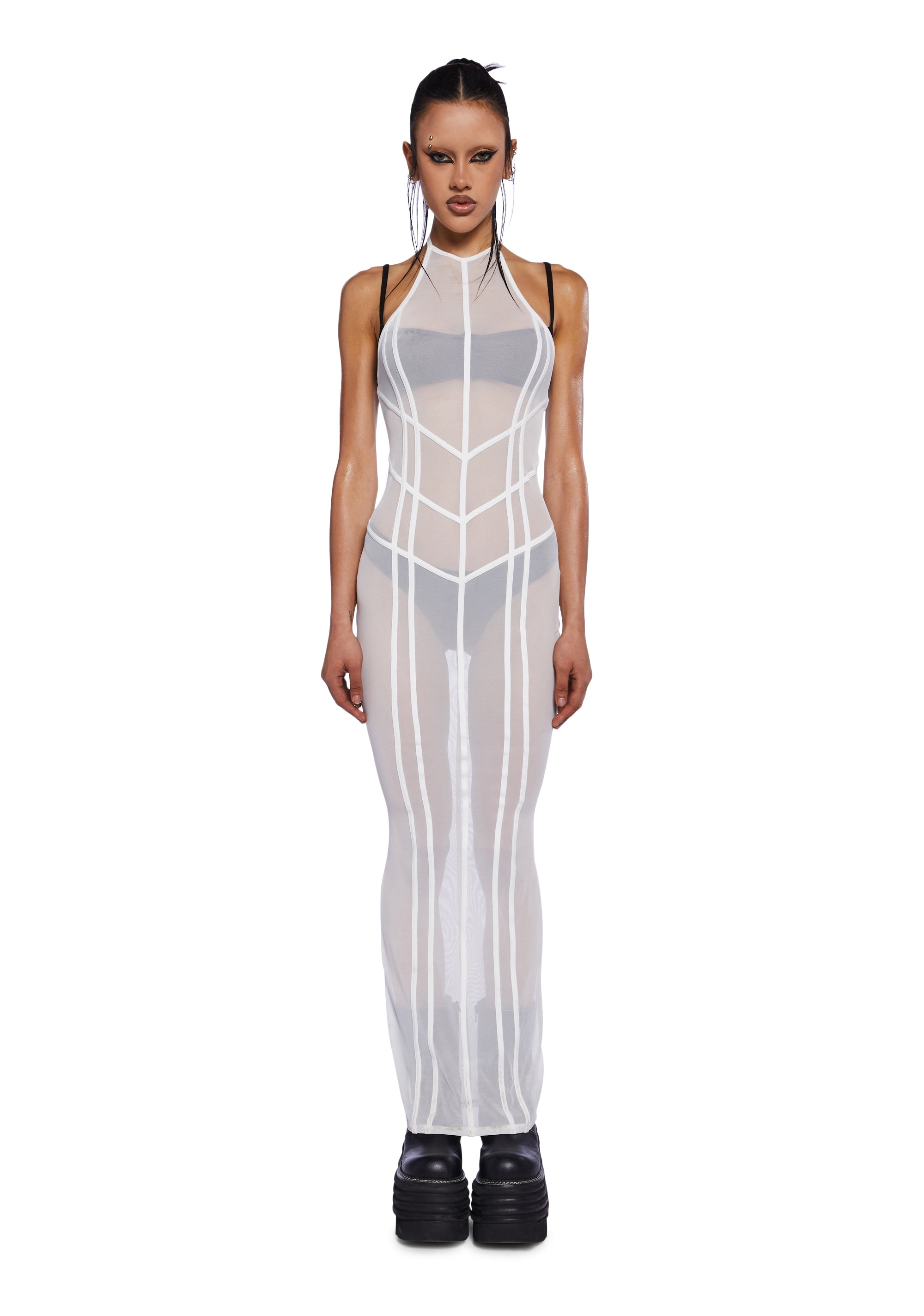 Darker Wavs Sheer Mesh Maxi Dress With Piping - White
