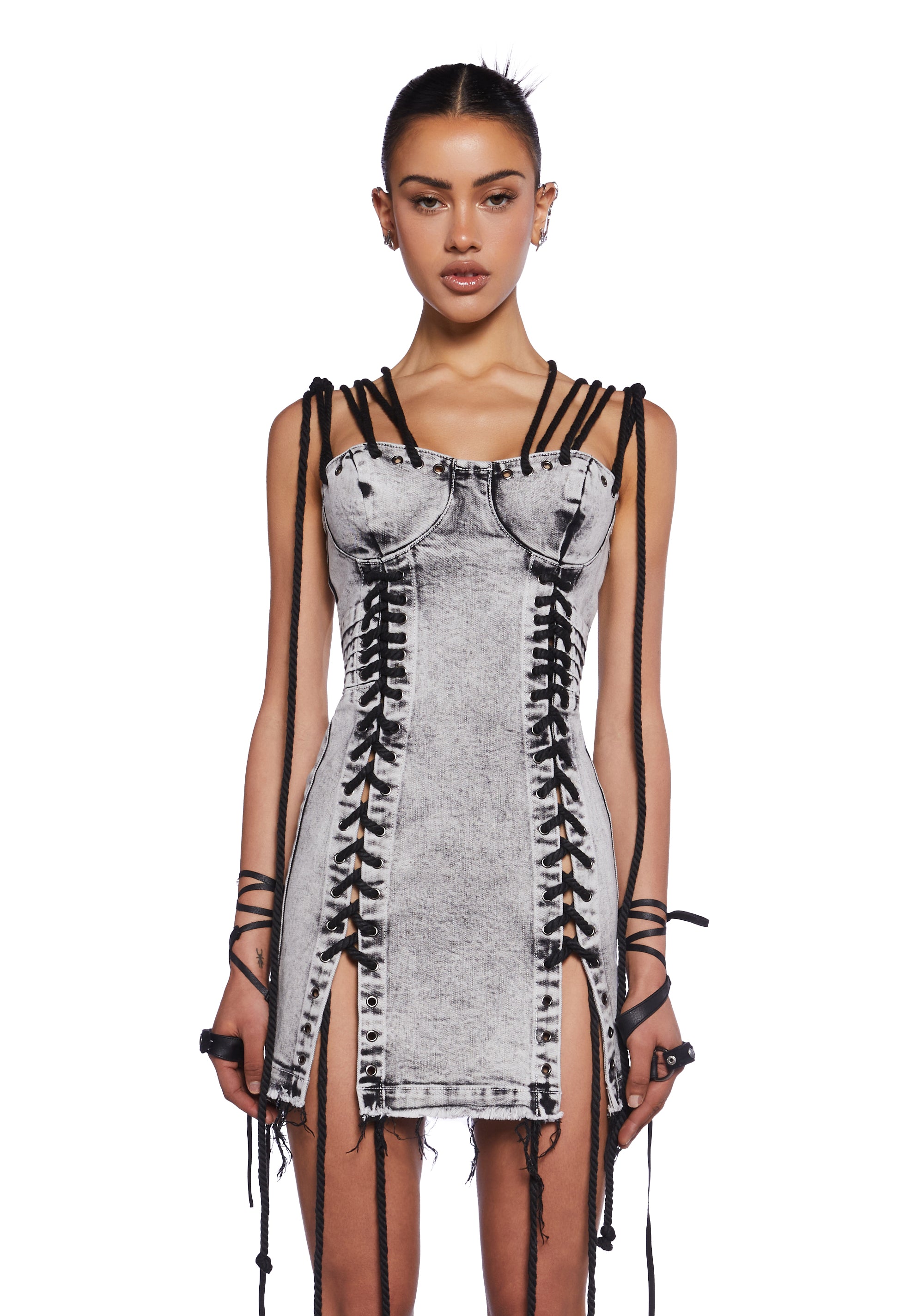 Darker Wavs Acid Wash Lace Up Mini Dress - White Dolls Kill Darker Wavs Acid Wash Lace Up Mini Dress - White Dolls Kill