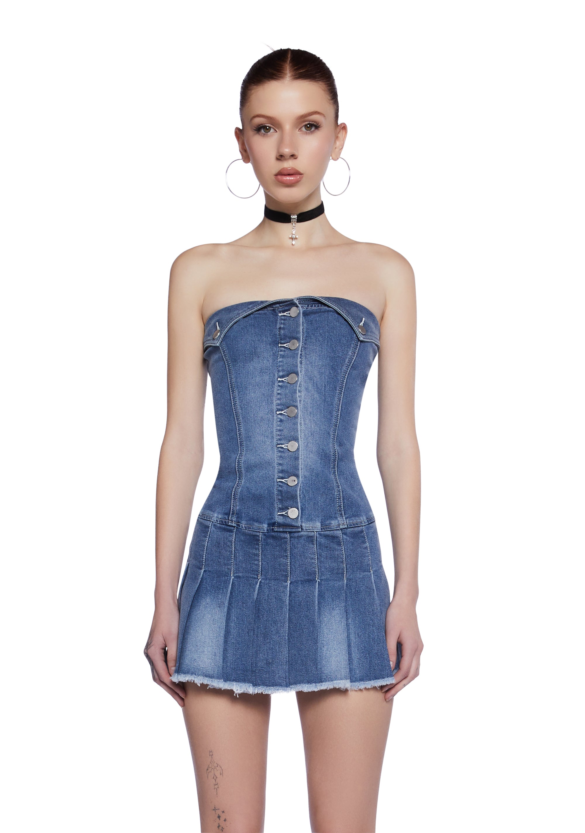 Generation Kiss Fitted Drop Waist Pleated Denim Mini Dress - Blue Dolls Kill Generation Kiss Fitted Drop Waist Pleated Denim Mini Dress - Blue Dolls Kill