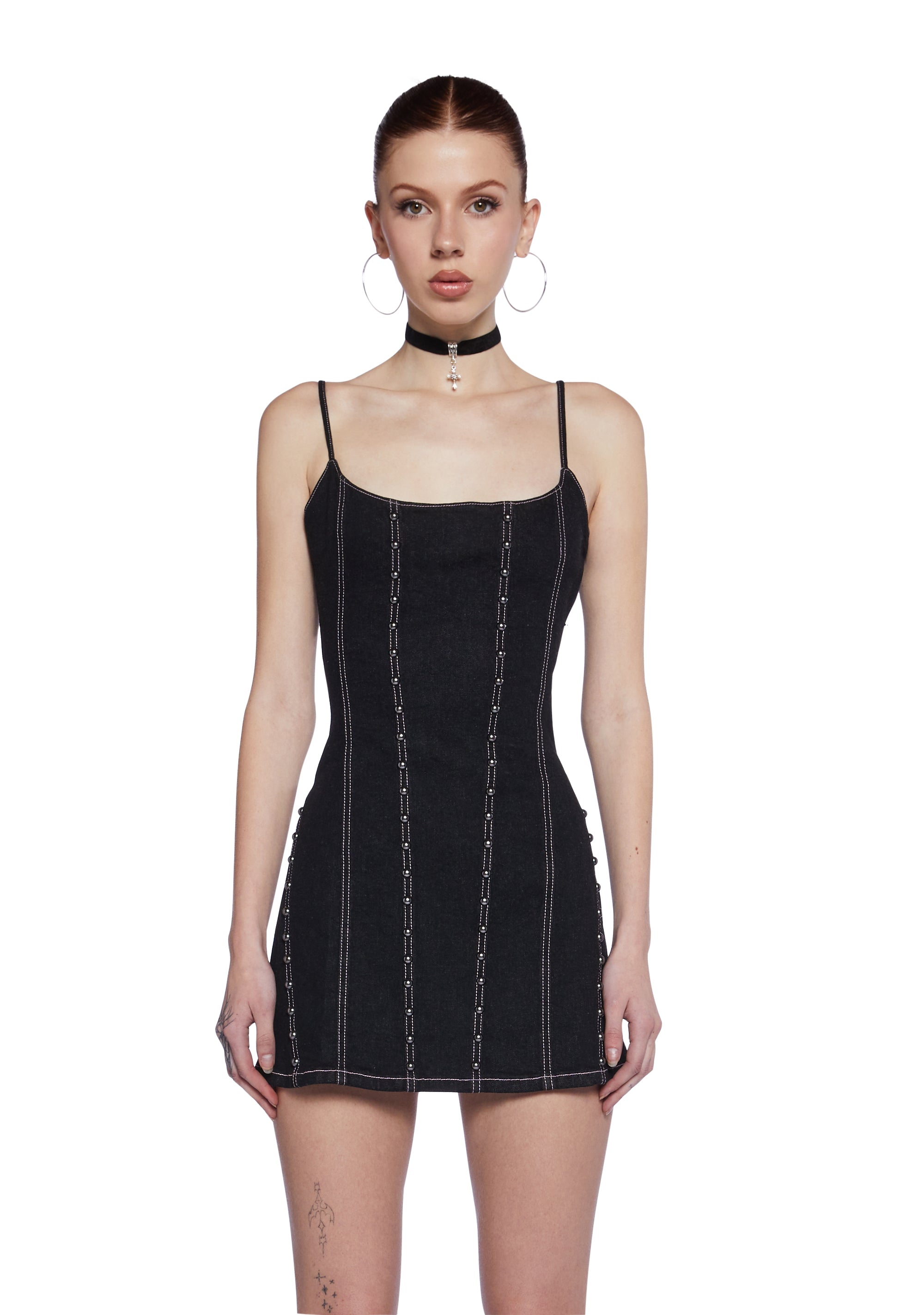 Generation Kiss Denim Tank Dress With Dome Studs And Lace Up Ribbon Y2K
