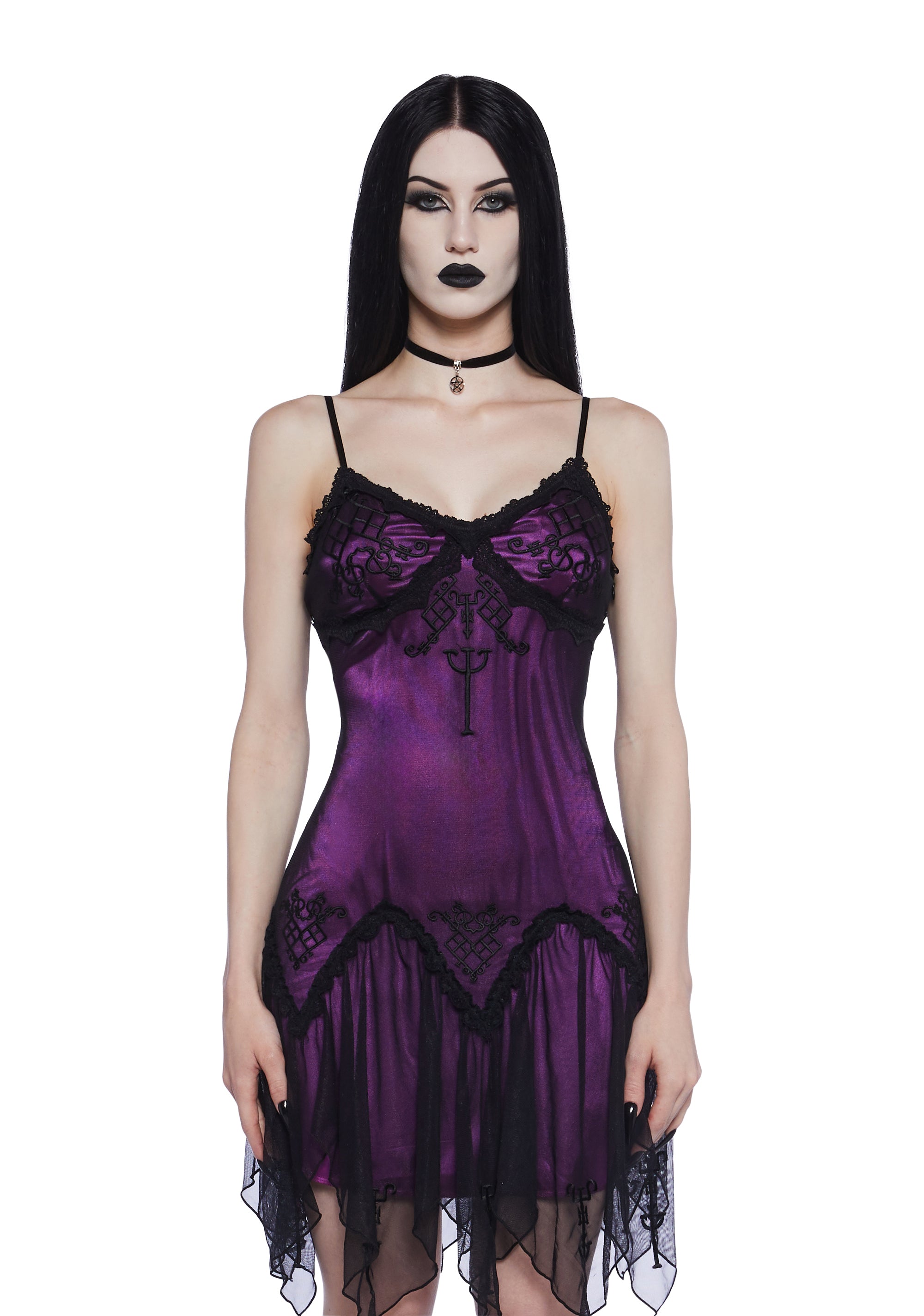 Widow Goth Lace Mesh Queen Of Wands Tarot Glitter Slip Dress - Purple Widow Goth Lace Mesh Queen Of Wands Tarot Glitter Slip Dress - Purple