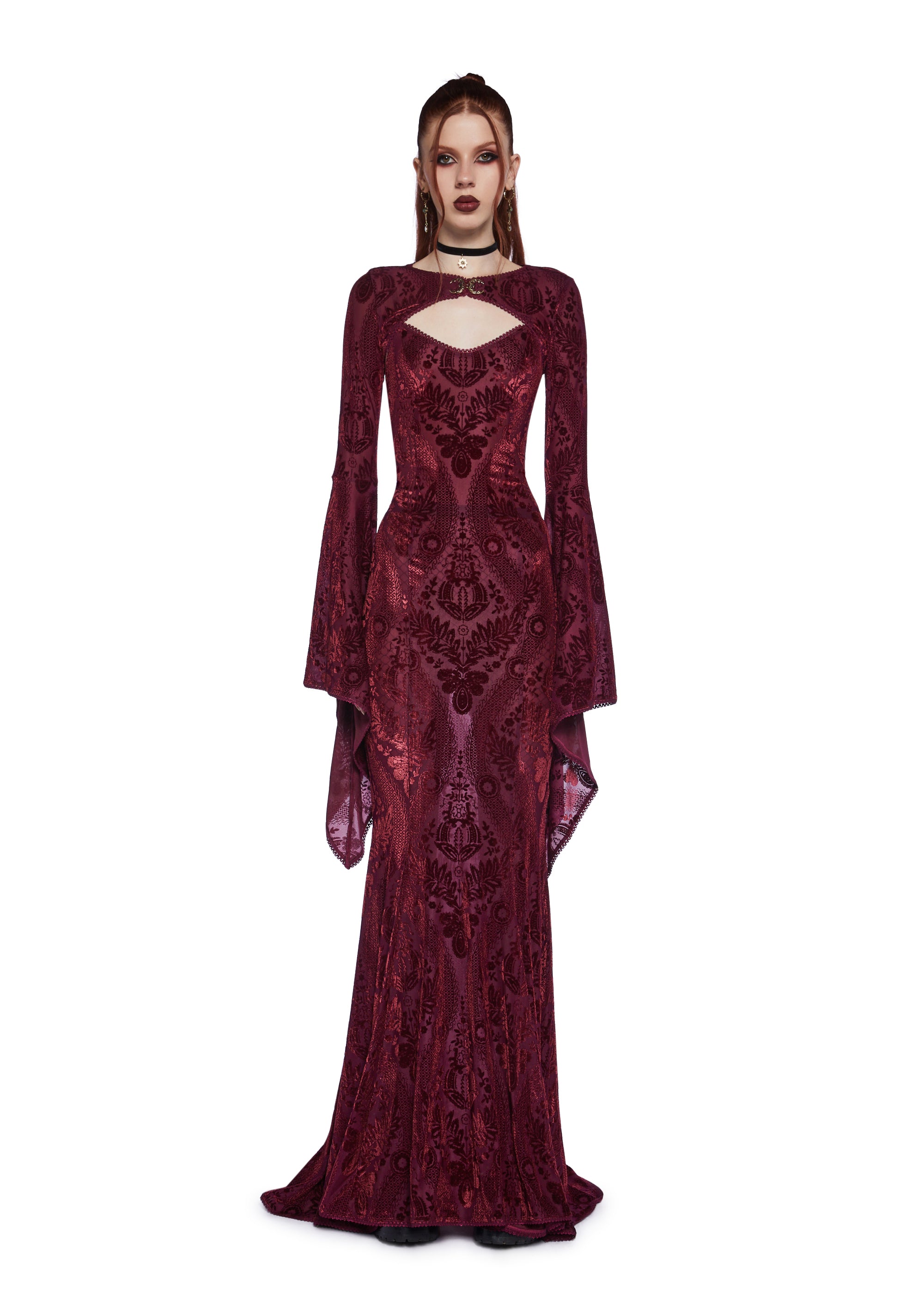 Widow Goth Velvet Flocked Maxi Dress And Shrug Set